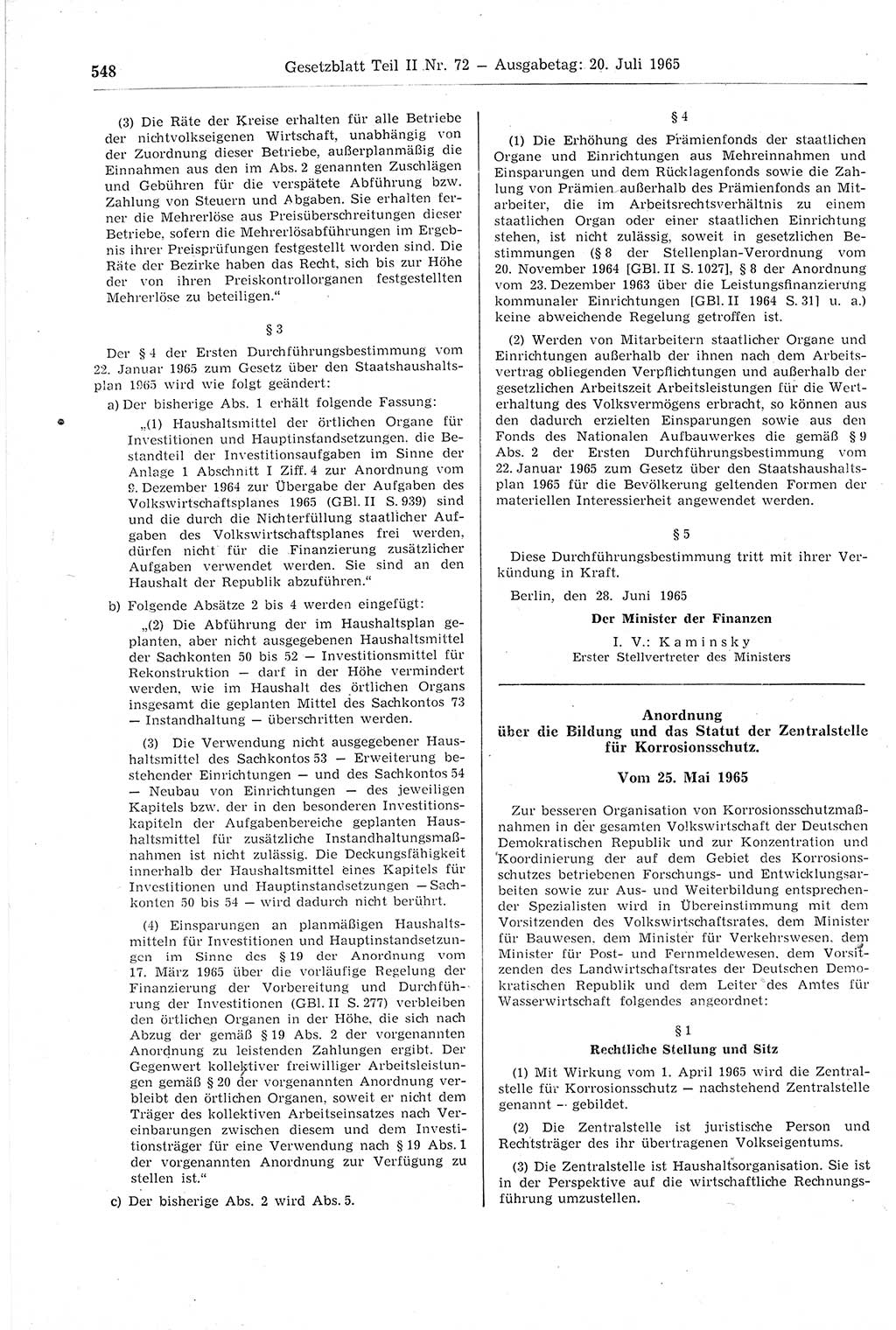 Gesetzblatt (GBl.) der Deutschen Demokratischen Republik (DDR) Teil ⅠⅠ 1965, Seite 548 (GBl. DDR ⅠⅠ 1965, S. 548)