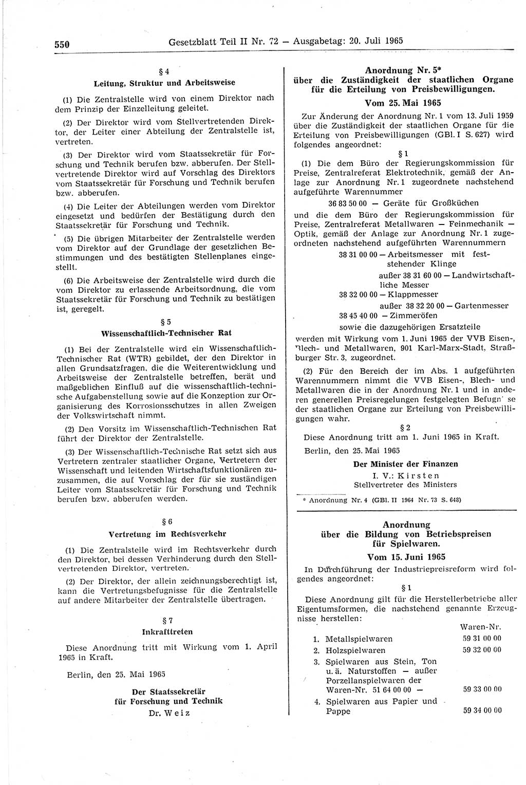Gesetzblatt (GBl.) der Deutschen Demokratischen Republik (DDR) Teil ⅠⅠ 1965, Seite 550 (GBl. DDR ⅠⅠ 1965, S. 550)