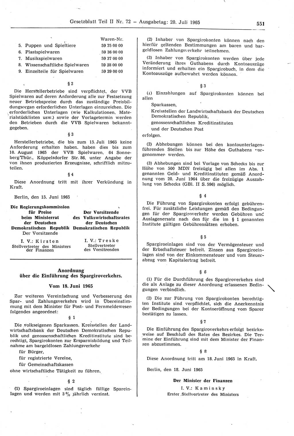 Gesetzblatt (GBl.) der Deutschen Demokratischen Republik (DDR) Teil ⅠⅠ 1965, Seite 551 (GBl. DDR ⅠⅠ 1965, S. 551)