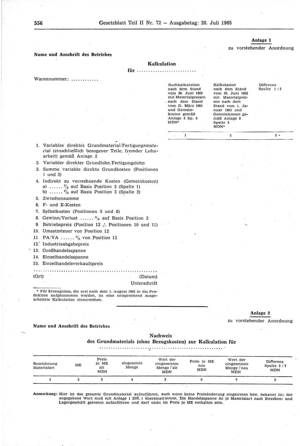 Gesetzblatt (GBl.) der Deutschen Demokratischen Republik (DDR) Teil ⅠⅠ 1965, Seite 556 (GBl. DDR ⅠⅠ 1965, S. 556)