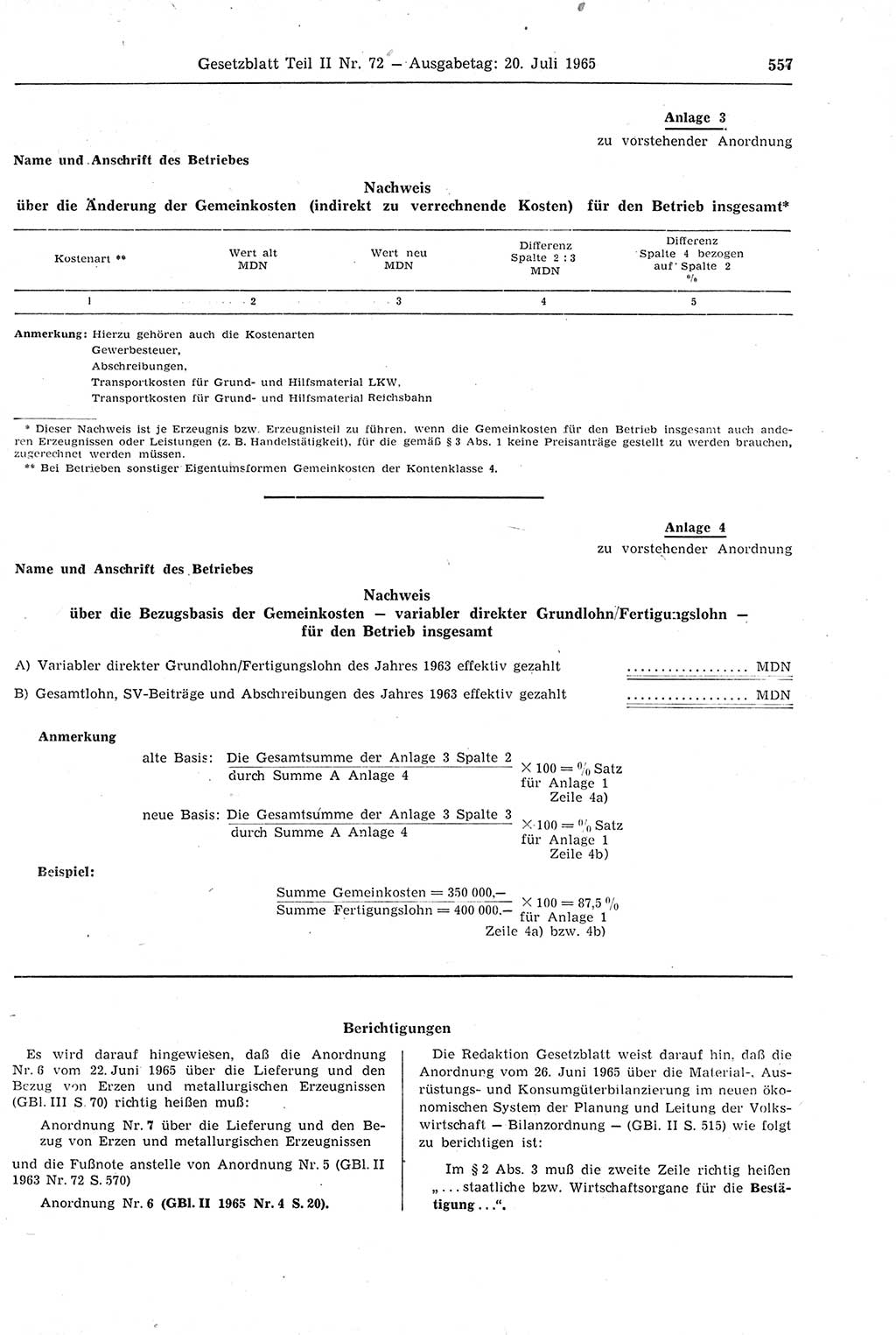Gesetzblatt (GBl.) der Deutschen Demokratischen Republik (DDR) Teil ⅠⅠ 1965, Seite 557 (GBl. DDR ⅠⅠ 1965, S. 557)