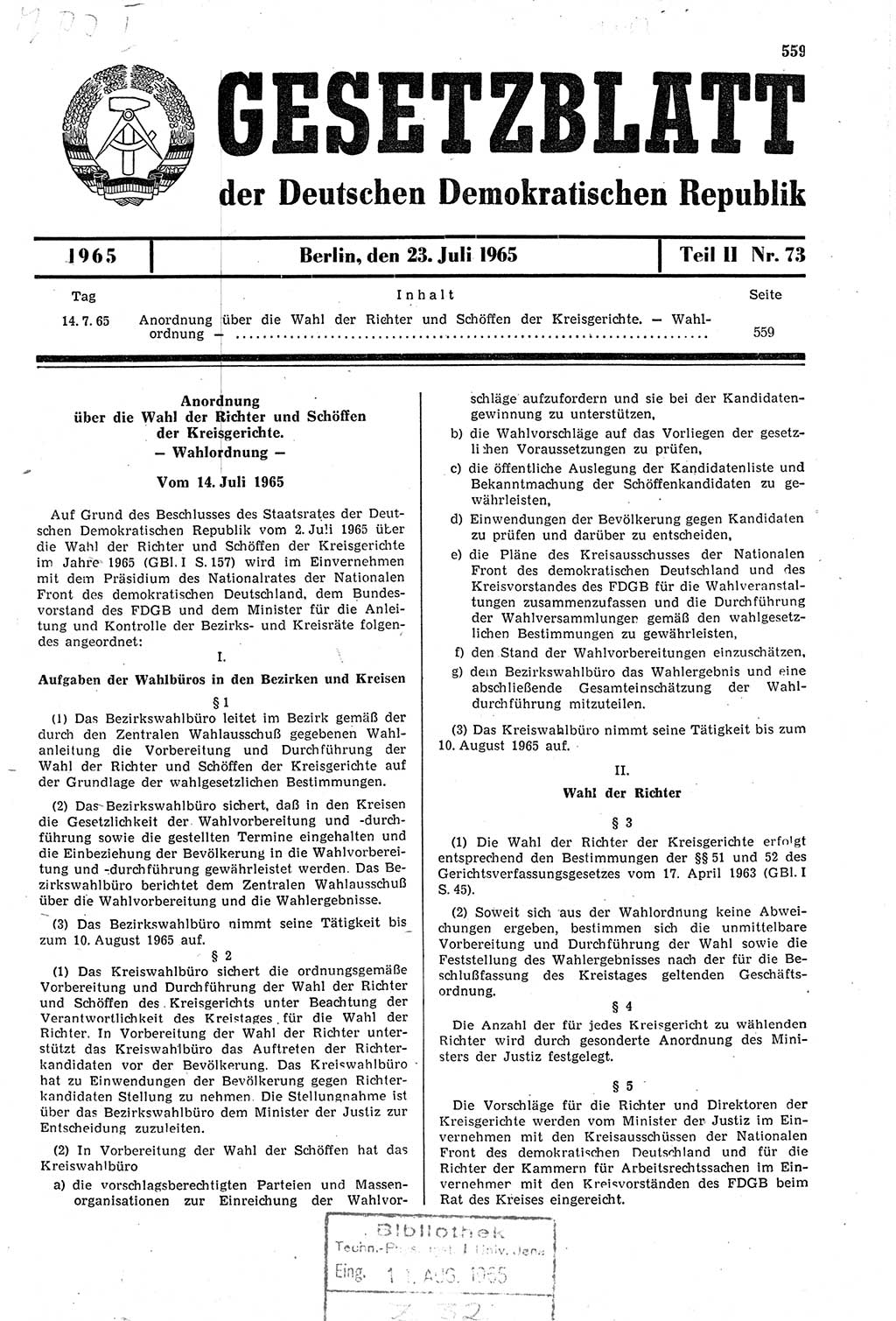 Gesetzblatt (GBl.) der Deutschen Demokratischen Republik (DDR) Teil ⅠⅠ 1965, Seite 559 (GBl. DDR ⅠⅠ 1965, S. 559)