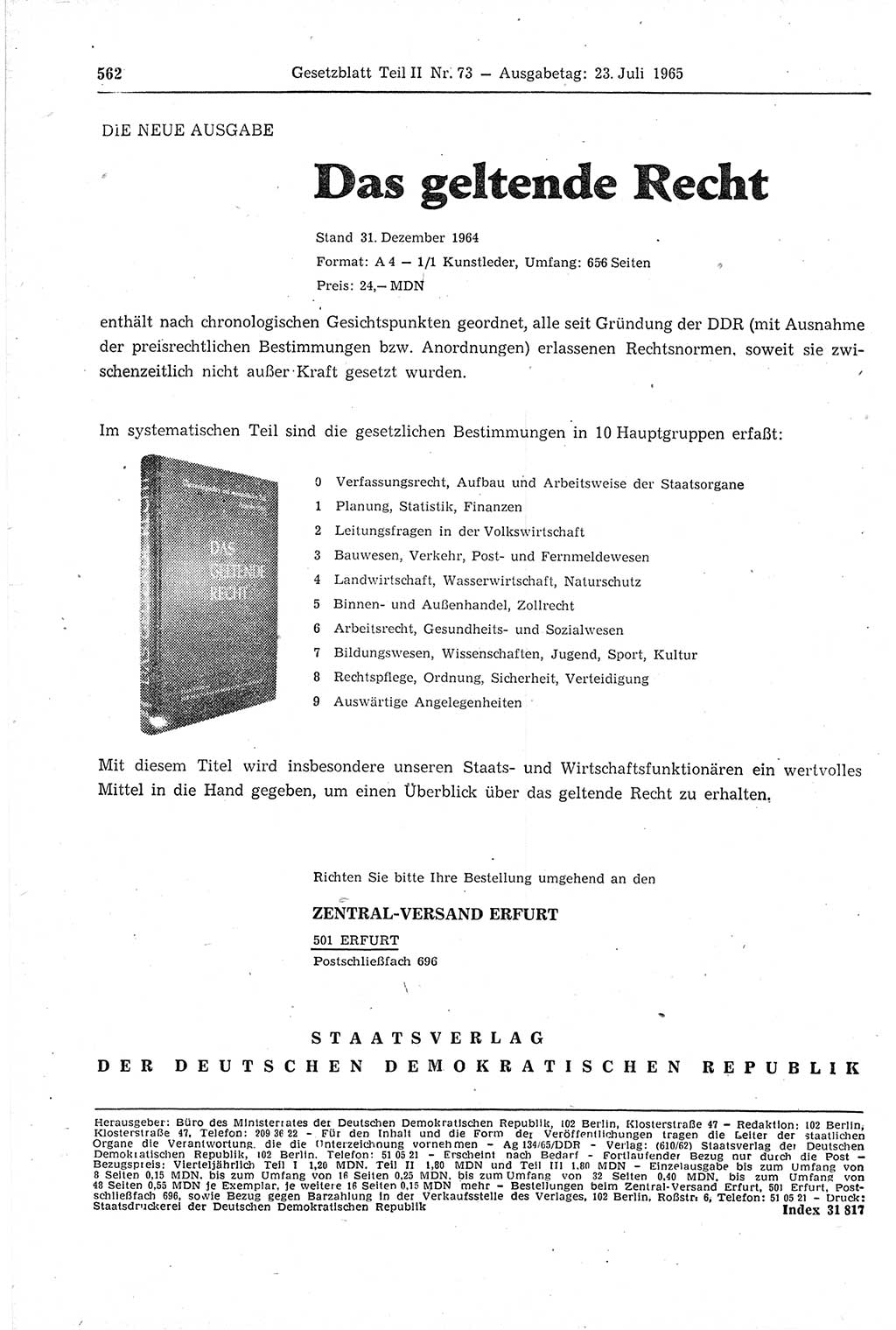 Gesetzblatt (GBl.) der Deutschen Demokratischen Republik (DDR) Teil ⅠⅠ 1965, Seite 562 (GBl. DDR ⅠⅠ 1965, S. 562)