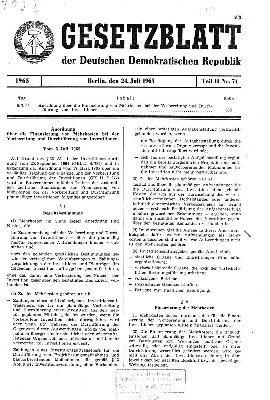 Gesetzblatt (GBl.) der Deutschen Demokratischen Republik (DDR) Teil ⅠⅠ 1965, Seite 563 (GBl. DDR ⅠⅠ 1965, S. 563)