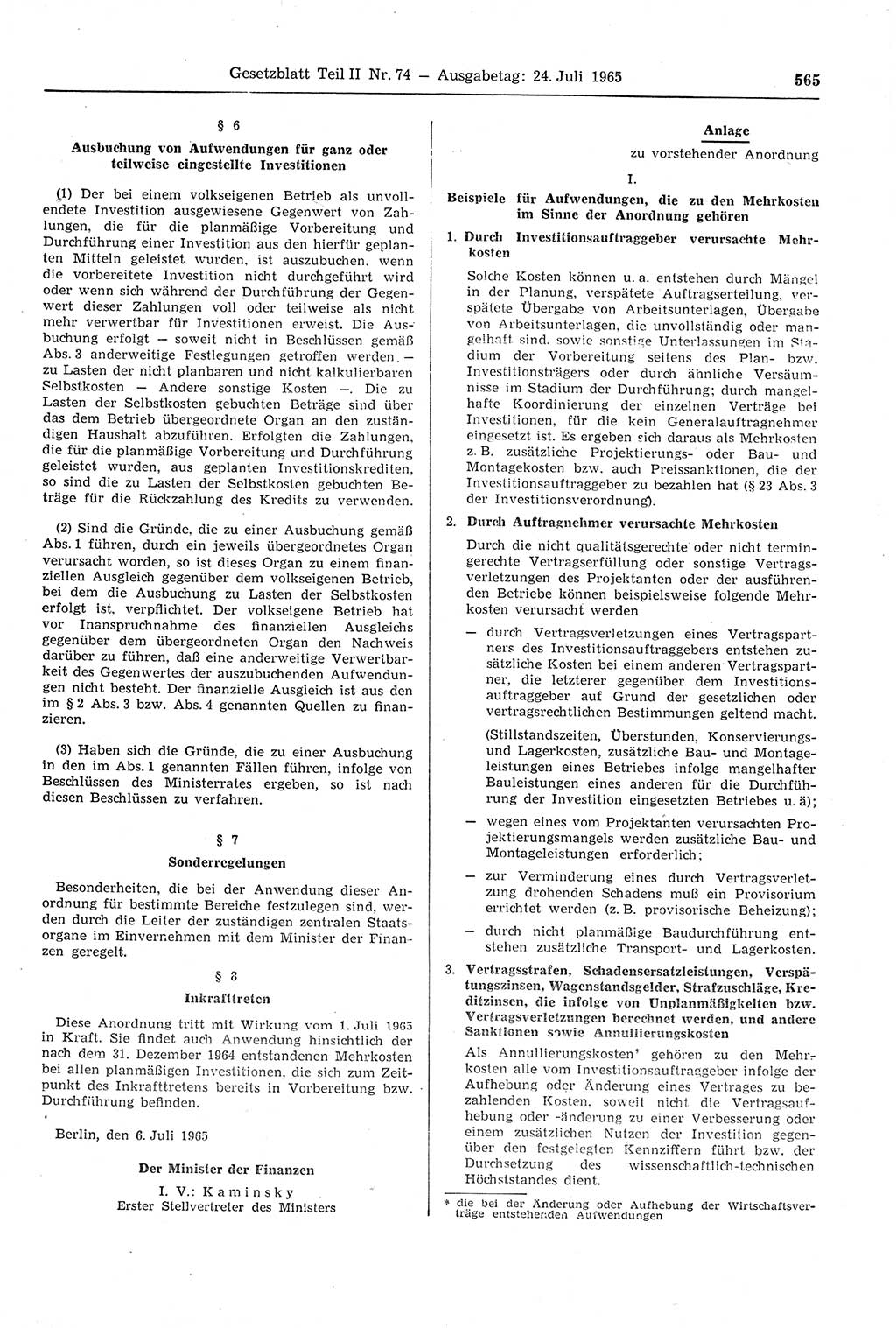 Gesetzblatt (GBl.) der Deutschen Demokratischen Republik (DDR) Teil ⅠⅠ 1965, Seite 565 (GBl. DDR ⅠⅠ 1965, S. 565)