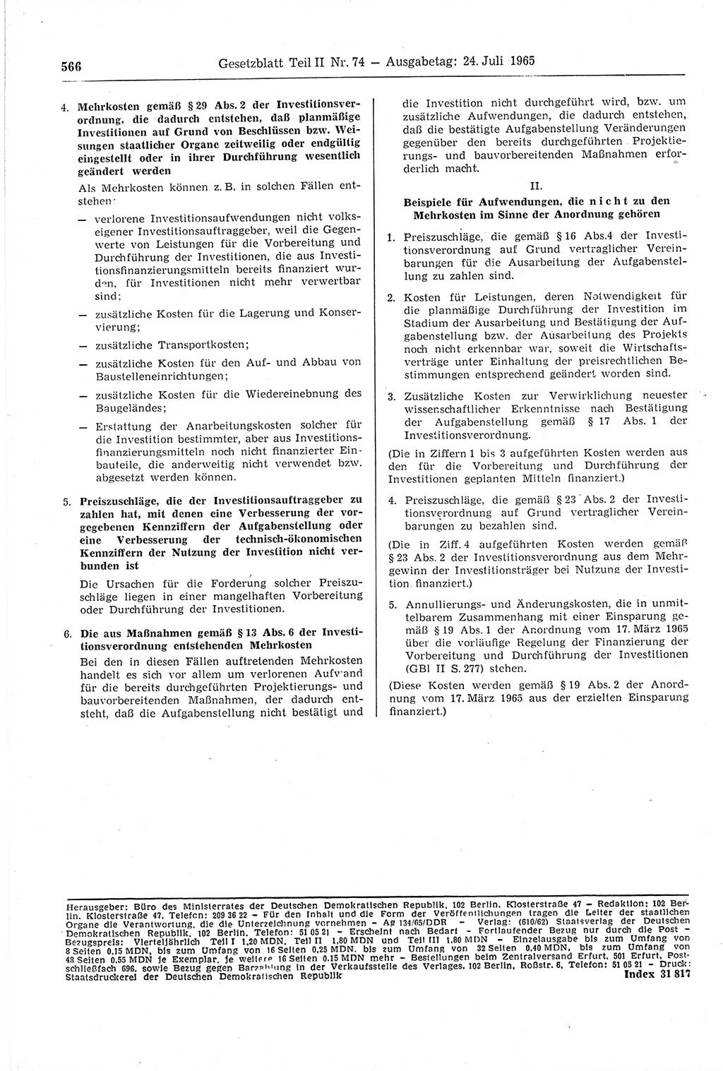 Gesetzblatt (GBl.) der Deutschen Demokratischen Republik (DDR) Teil ⅠⅠ 1965, Seite 566 (GBl. DDR ⅠⅠ 1965, S. 566)