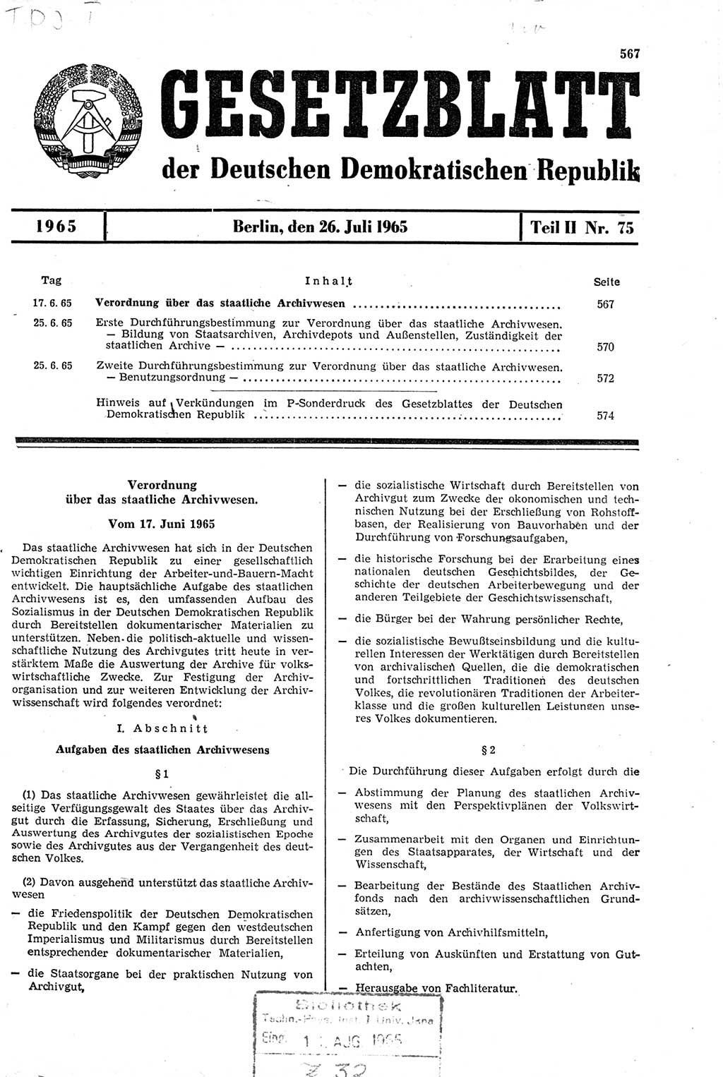 Gesetzblatt (GBl.) der Deutschen Demokratischen Republik (DDR) Teil ⅠⅠ 1965, Seite 567 (GBl. DDR ⅠⅠ 1965, S. 567)