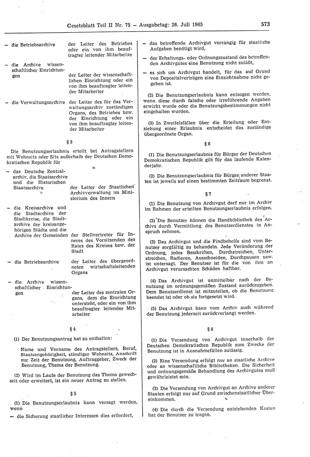 Gesetzblatt (GBl.) der Deutschen Demokratischen Republik (DDR) Teil ⅠⅠ 1965, Seite 573 (GBl. DDR ⅠⅠ 1965, S. 573)