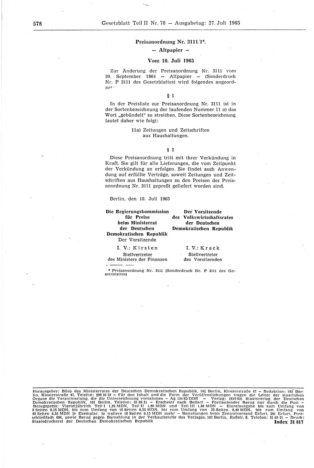 Gesetzblatt (GBl.) der Deutschen Demokratischen Republik (DDR) Teil ⅠⅠ 1965, Seite 578 (GBl. DDR ⅠⅠ 1965, S. 578)