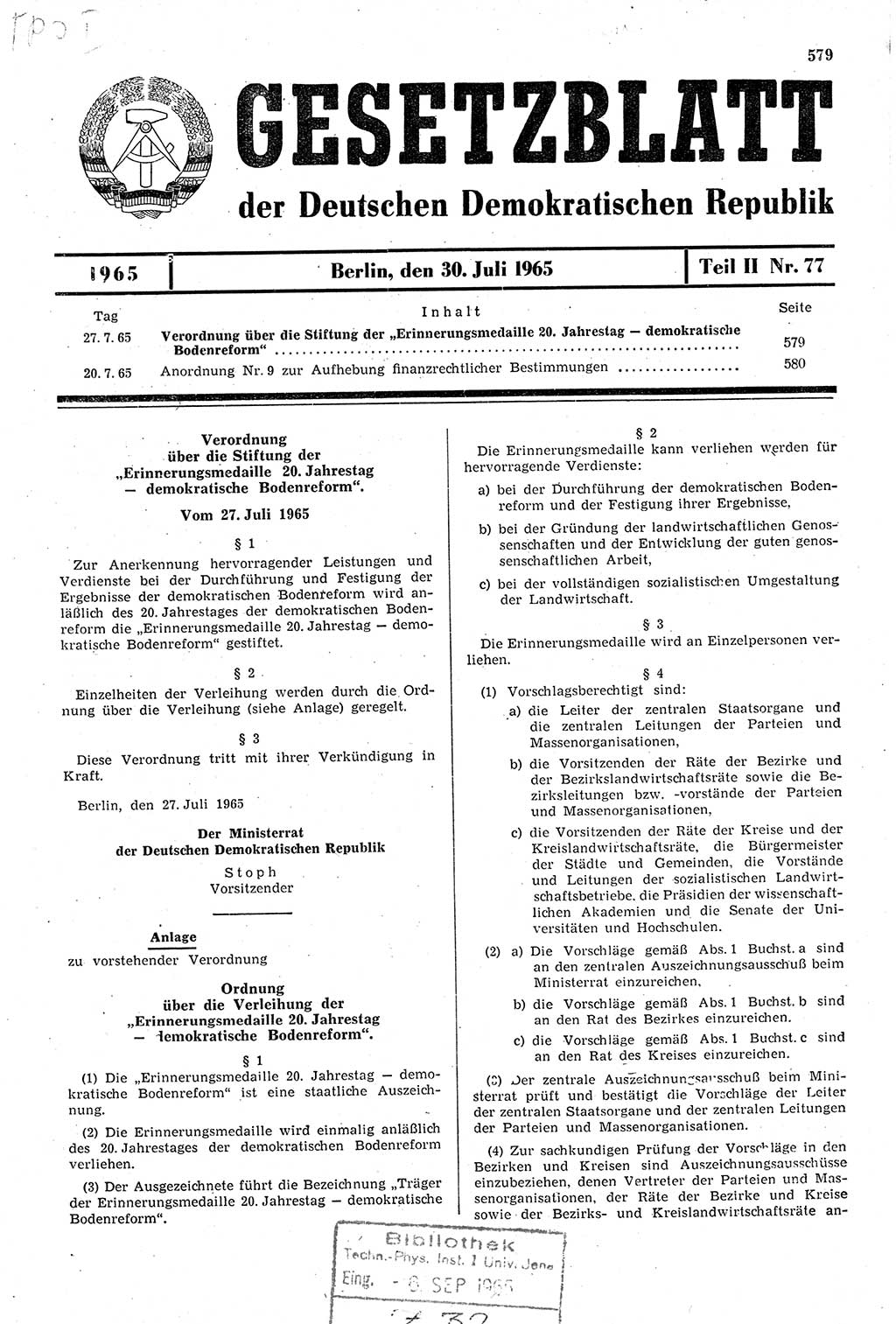 Gesetzblatt (GBl.) der Deutschen Demokratischen Republik (DDR) Teil ⅠⅠ 1965, Seite 579 (GBl. DDR ⅠⅠ 1965, S. 579)