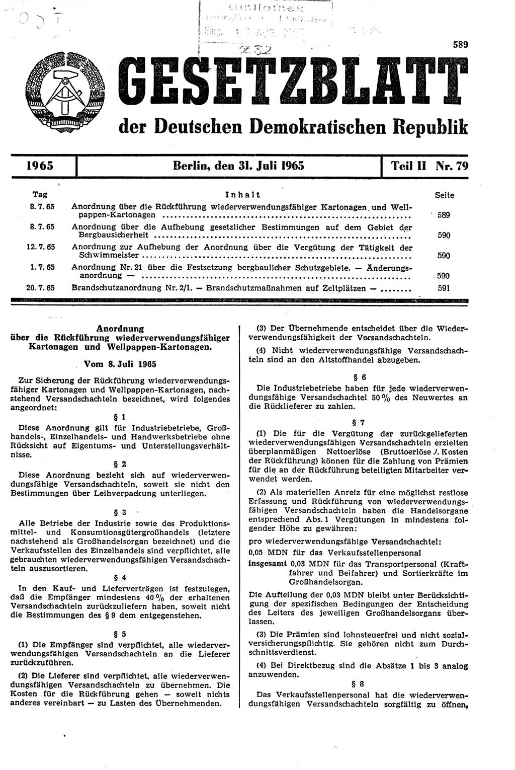 Gesetzblatt (GBl.) der Deutschen Demokratischen Republik (DDR) Teil ⅠⅠ 1965, Seite 589 (GBl. DDR ⅠⅠ 1965, S. 589)