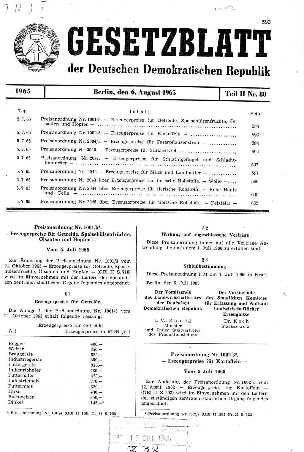 Gesetzblatt (GBl.) der Deutschen Demokratischen Republik (DDR) Teil ⅠⅠ 1965, Seite 593 (GBl. DDR ⅠⅠ 1965, S. 593)