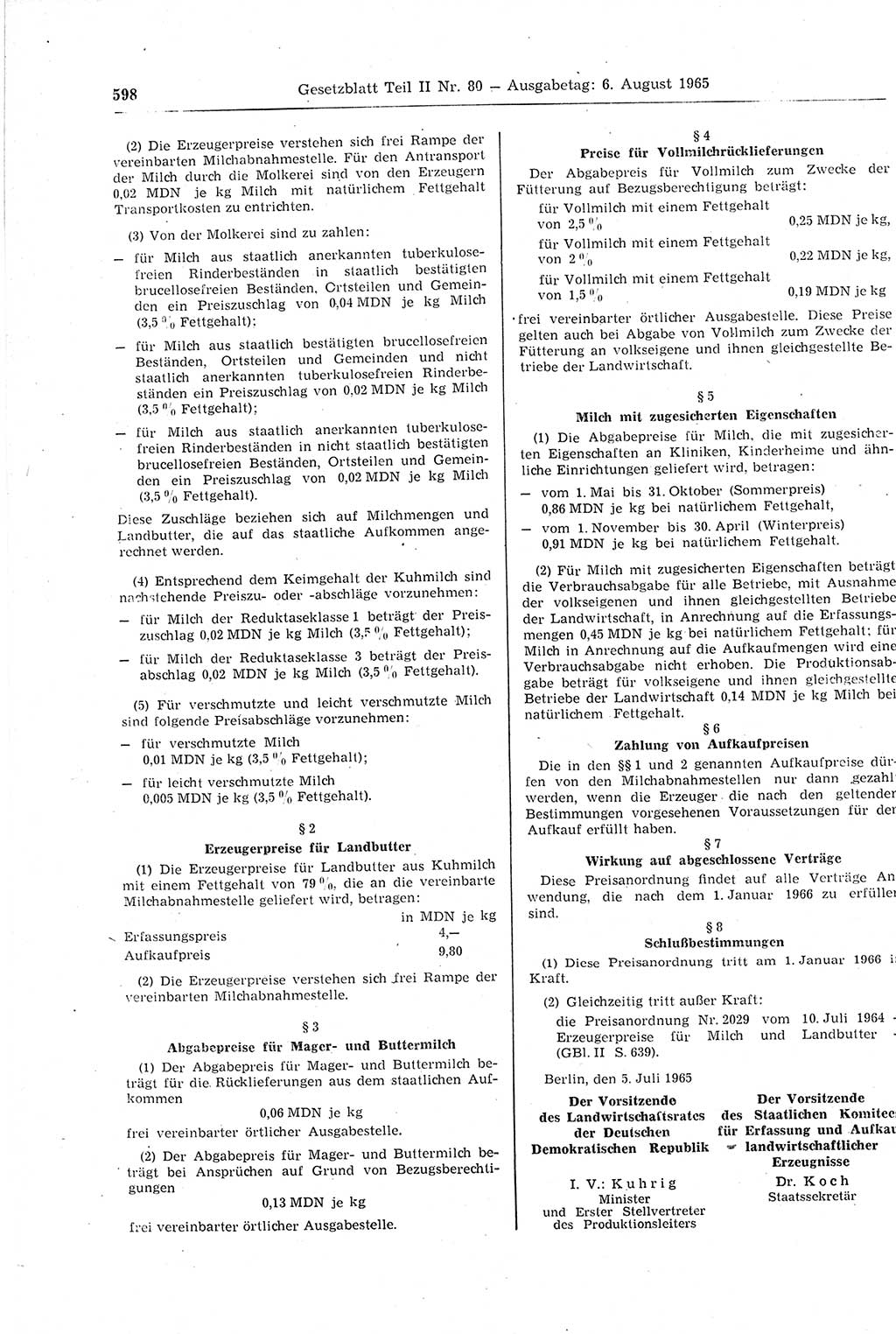 Gesetzblatt (GBl.) der Deutschen Demokratischen Republik (DDR) Teil ⅠⅠ 1965, Seite 598 (GBl. DDR ⅠⅠ 1965, S. 598)