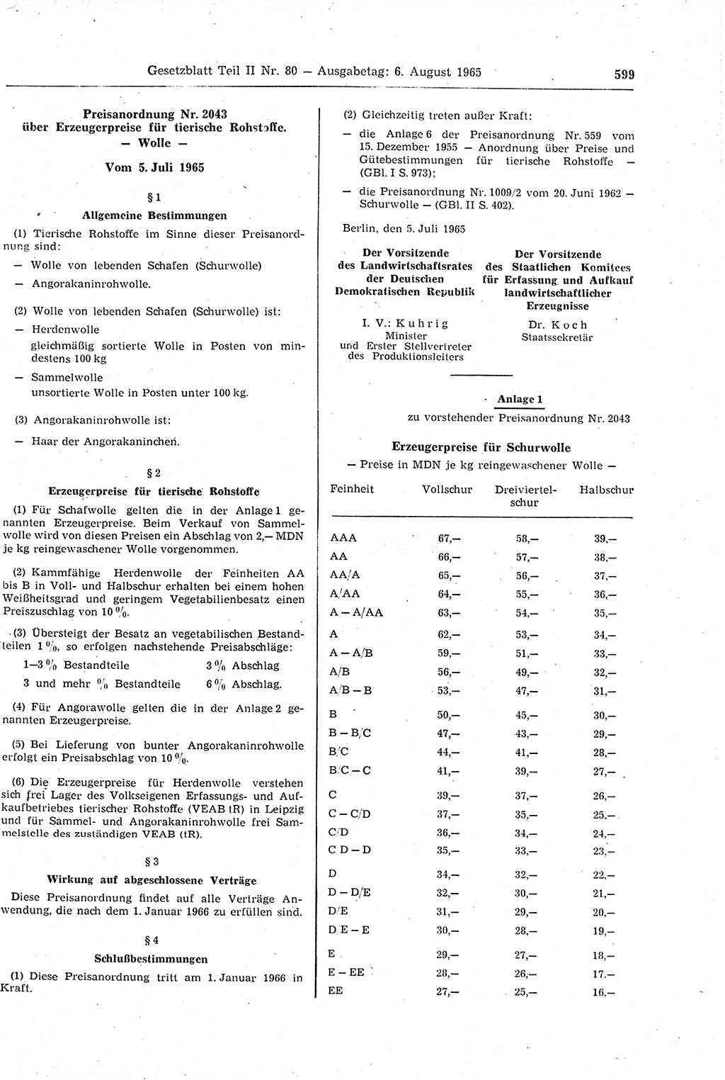 Gesetzblatt (GBl.) der Deutschen Demokratischen Republik (DDR) Teil ⅠⅠ 1965, Seite 599 (GBl. DDR ⅠⅠ 1965, S. 599)