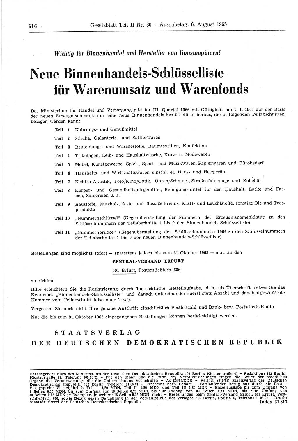 Gesetzblatt (GBl.) der Deutschen Demokratischen Republik (DDR) Teil ⅠⅠ 1965, Seite 616 (GBl. DDR ⅠⅠ 1965, S. 616)