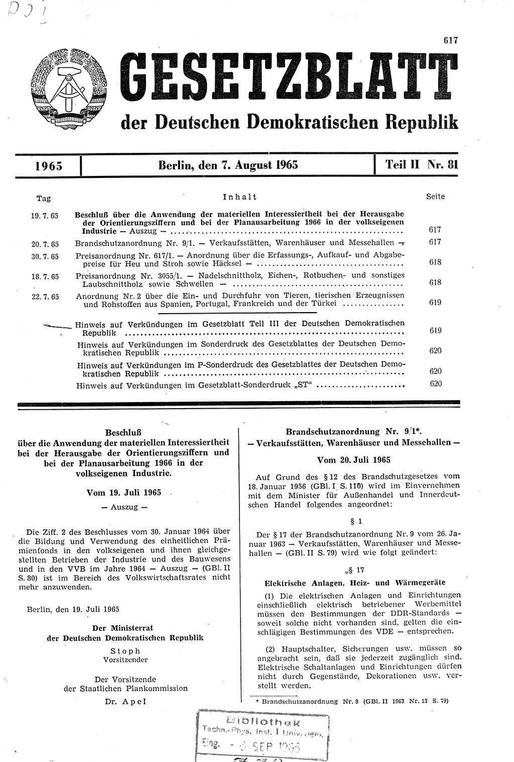 Gesetzblatt (GBl.) der Deutschen Demokratischen Republik (DDR) Teil ⅠⅠ 1965, Seite 617 (GBl. DDR ⅠⅠ 1965, S. 617)