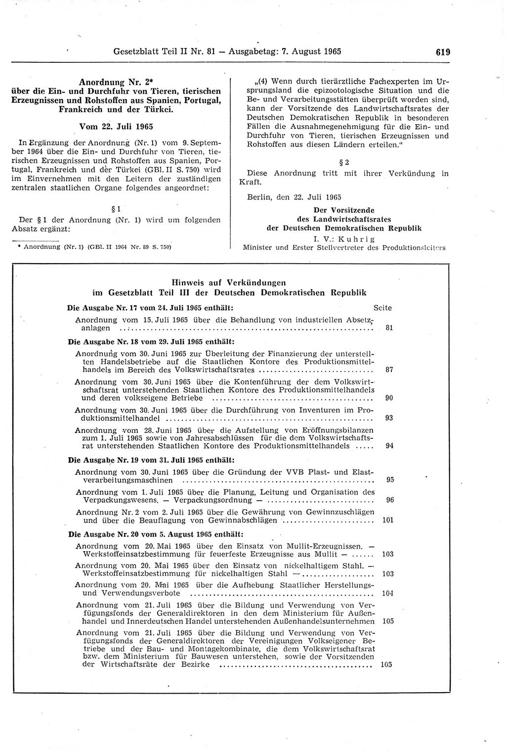 Gesetzblatt (GBl.) der Deutschen Demokratischen Republik (DDR) Teil ⅠⅠ 1965, Seite 619 (GBl. DDR ⅠⅠ 1965, S. 619)