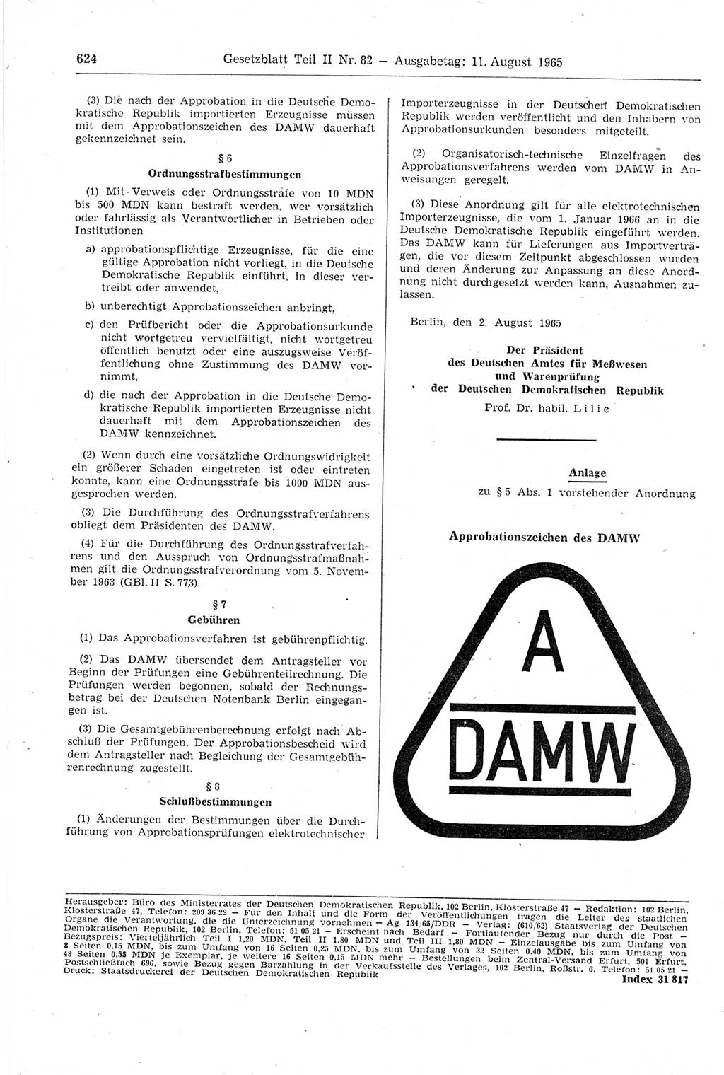 Gesetzblatt (GBl.) der Deutschen Demokratischen Republik (DDR) Teil ⅠⅠ 1965, Seite 624 (GBl. DDR ⅠⅠ 1965, S. 624)