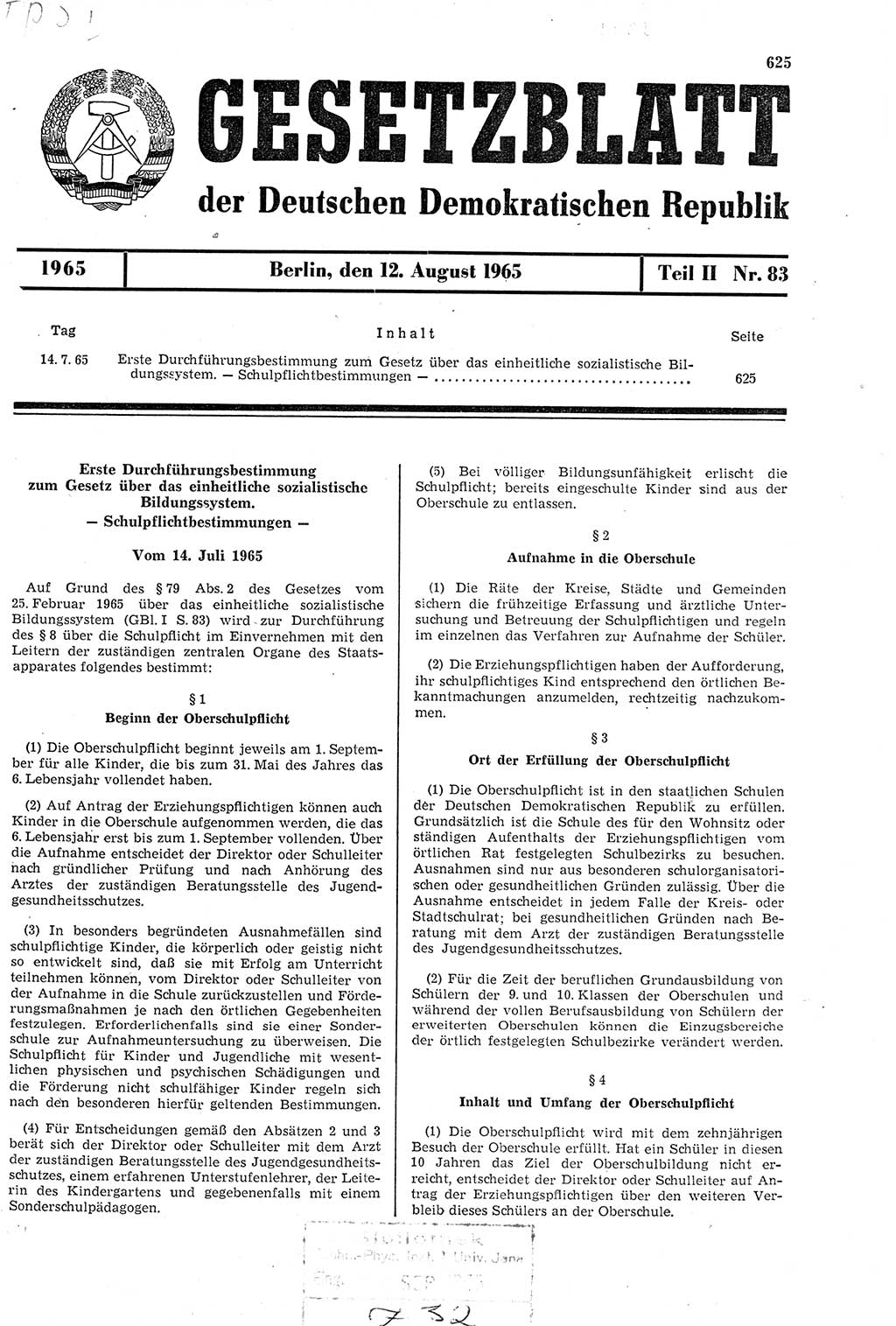 Gesetzblatt (GBl.) der Deutschen Demokratischen Republik (DDR) Teil ⅠⅠ 1965, Seite 625 (GBl. DDR ⅠⅠ 1965, S. 625)