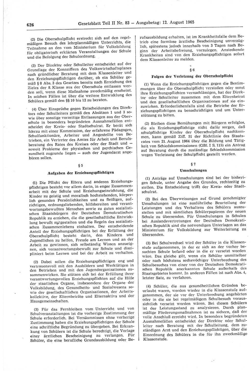 Gesetzblatt (GBl.) der Deutschen Demokratischen Republik (DDR) Teil ⅠⅠ 1965, Seite 626 (GBl. DDR ⅠⅠ 1965, S. 626)