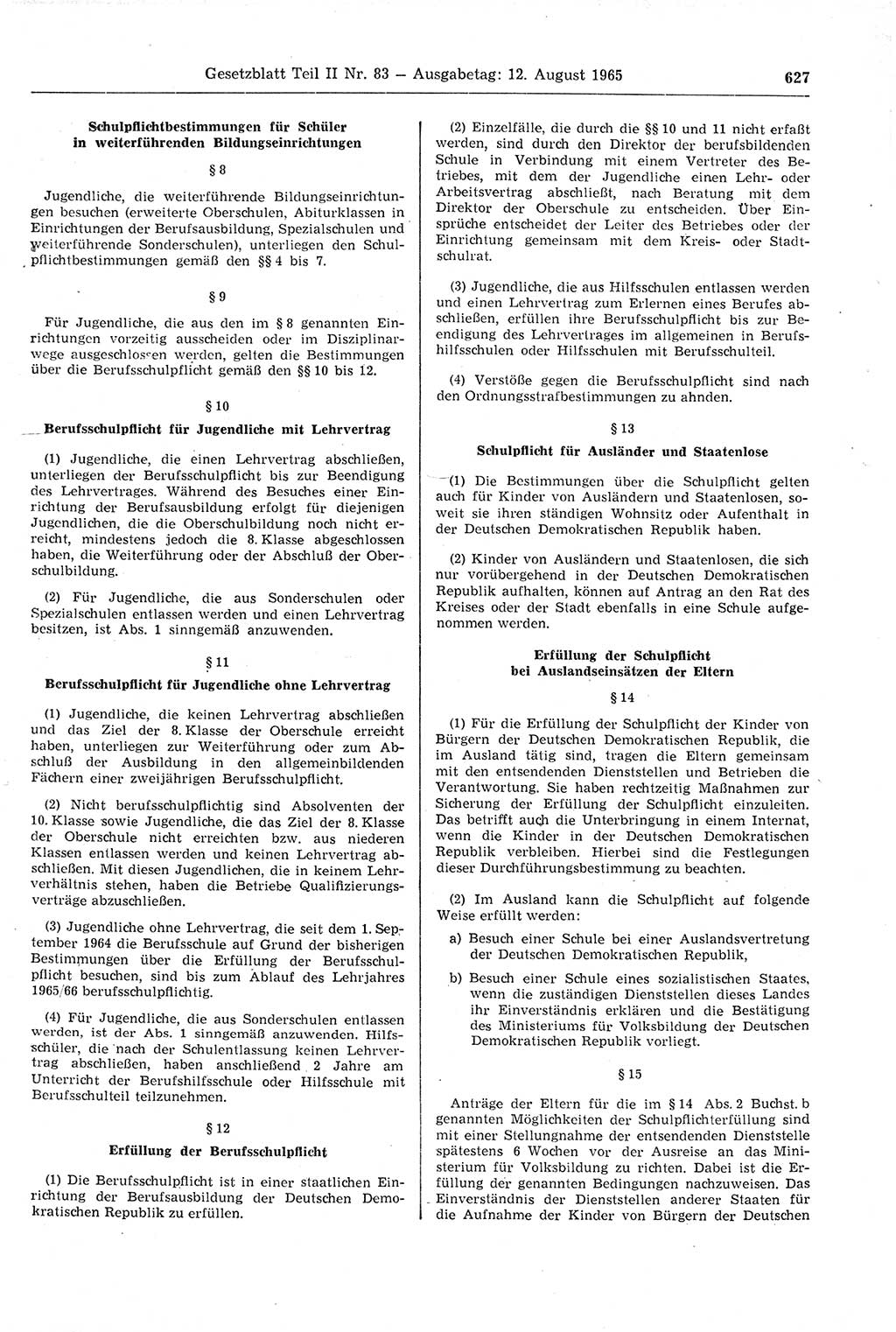 Gesetzblatt (GBl.) der Deutschen Demokratischen Republik (DDR) Teil ⅠⅠ 1965, Seite 627 (GBl. DDR ⅠⅠ 1965, S. 627)