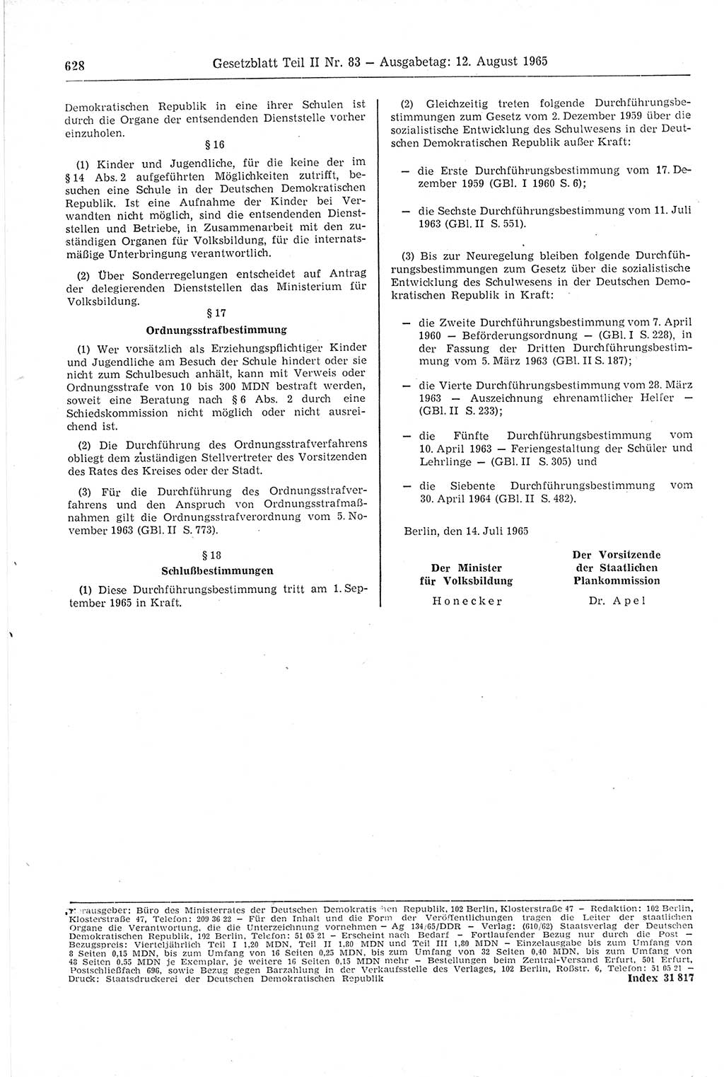 Gesetzblatt (GBl.) der Deutschen Demokratischen Republik (DDR) Teil ⅠⅠ 1965, Seite 628 (GBl. DDR ⅠⅠ 1965, S. 628)