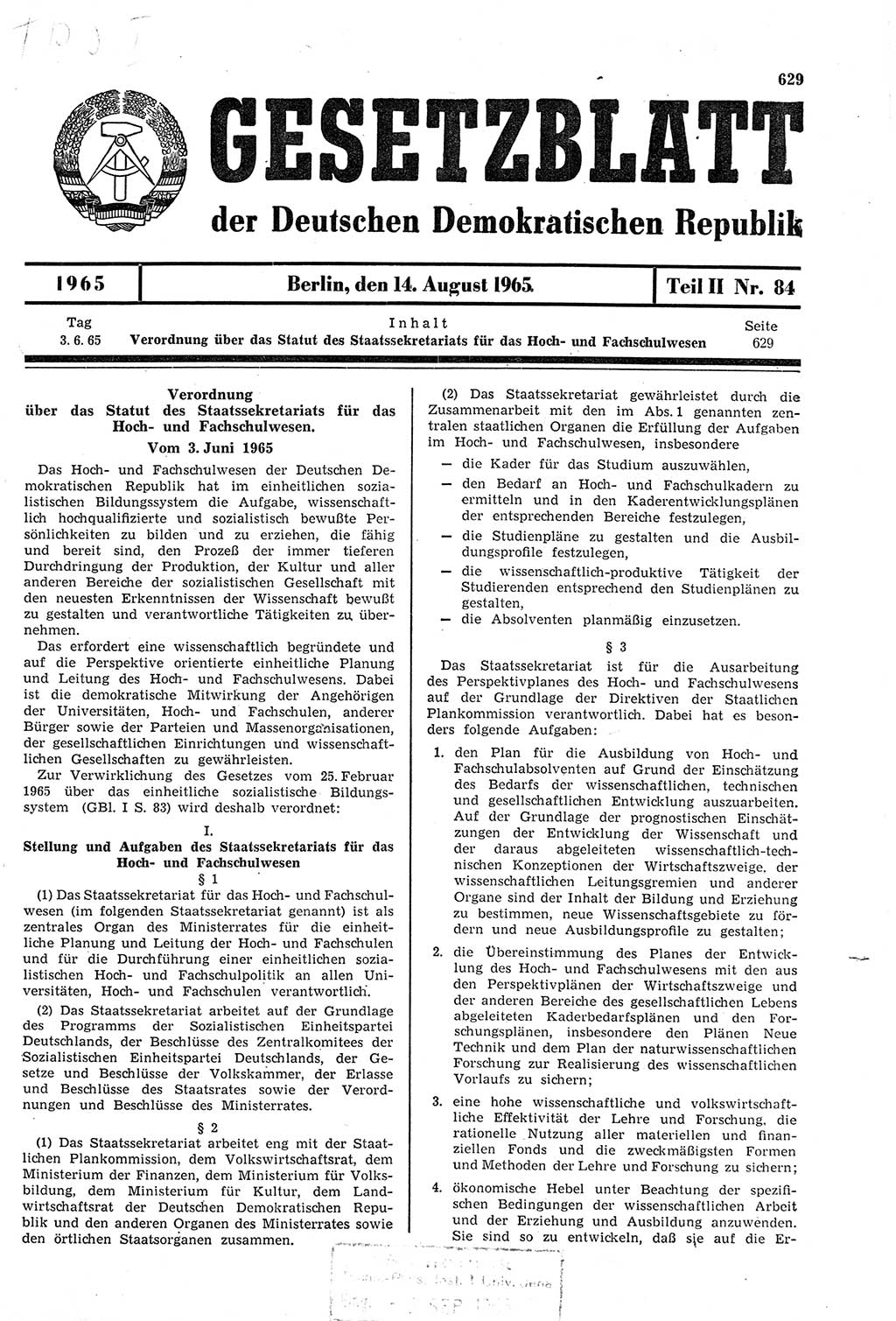 Gesetzblatt (GBl.) der Deutschen Demokratischen Republik (DDR) Teil ⅠⅠ 1965, Seite 629 (GBl. DDR ⅠⅠ 1965, S. 629)