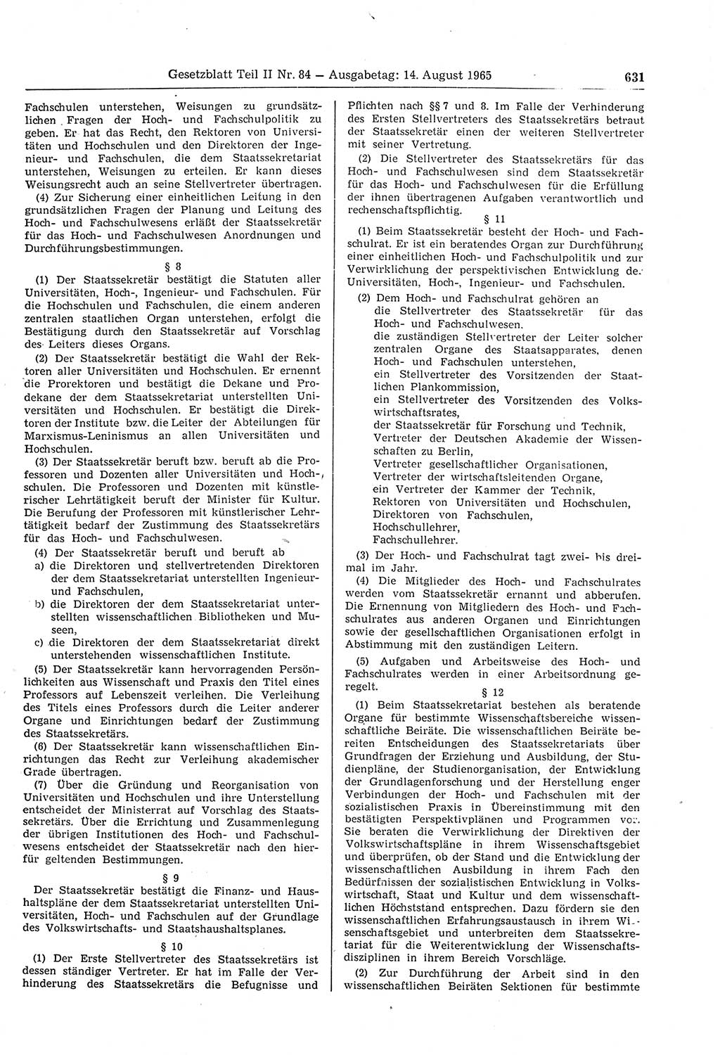 Gesetzblatt (GBl.) der Deutschen Demokratischen Republik (DDR) Teil ⅠⅠ 1965, Seite 631 (GBl. DDR ⅠⅠ 1965, S. 631)