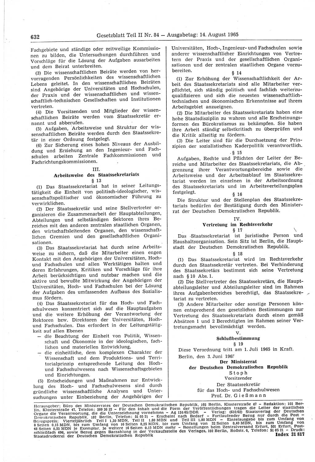 Gesetzblatt (GBl.) der Deutschen Demokratischen Republik (DDR) Teil ⅠⅠ 1965, Seite 632 (GBl. DDR ⅠⅠ 1965, S. 632)
