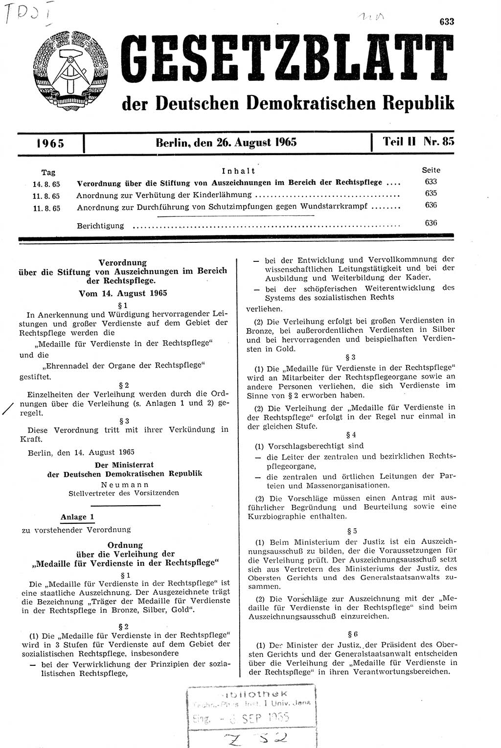 Gesetzblatt (GBl.) der Deutschen Demokratischen Republik (DDR) Teil ⅠⅠ 1965, Seite 633 (GBl. DDR ⅠⅠ 1965, S. 633)