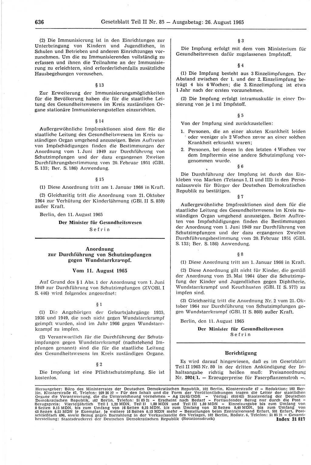 Gesetzblatt (GBl.) der Deutschen Demokratischen Republik (DDR) Teil ⅠⅠ 1965, Seite 636 (GBl. DDR ⅠⅠ 1965, S. 636)