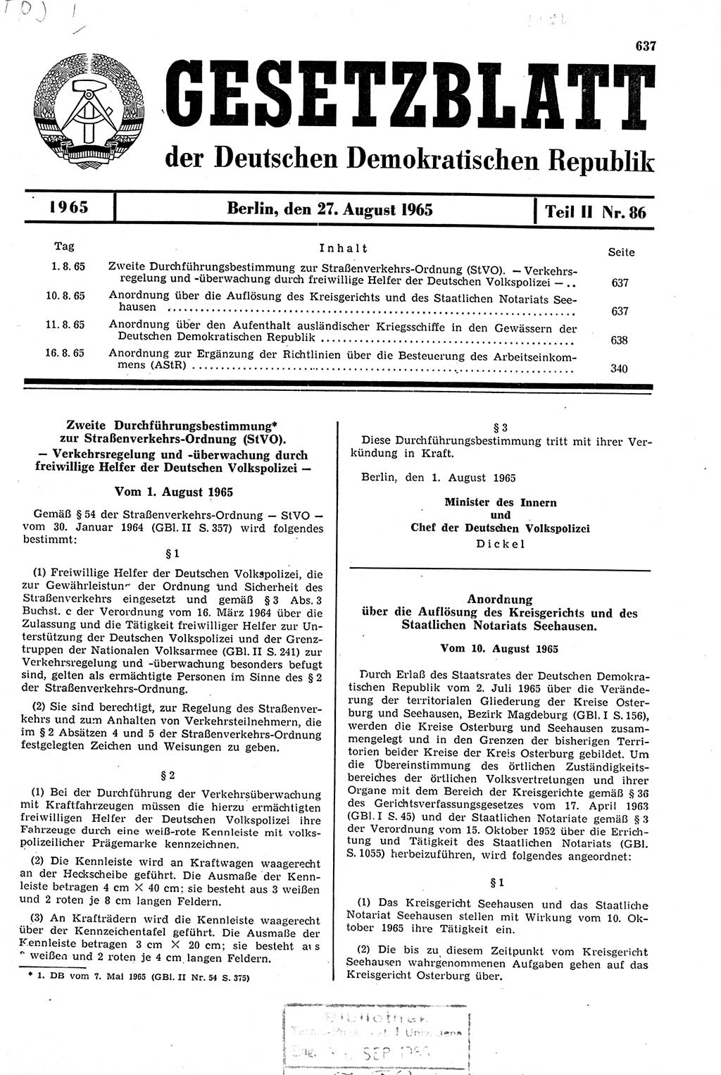 Gesetzblatt (GBl.) der Deutschen Demokratischen Republik (DDR) Teil ⅠⅠ 1965, Seite 637 (GBl. DDR ⅠⅠ 1965, S. 637)