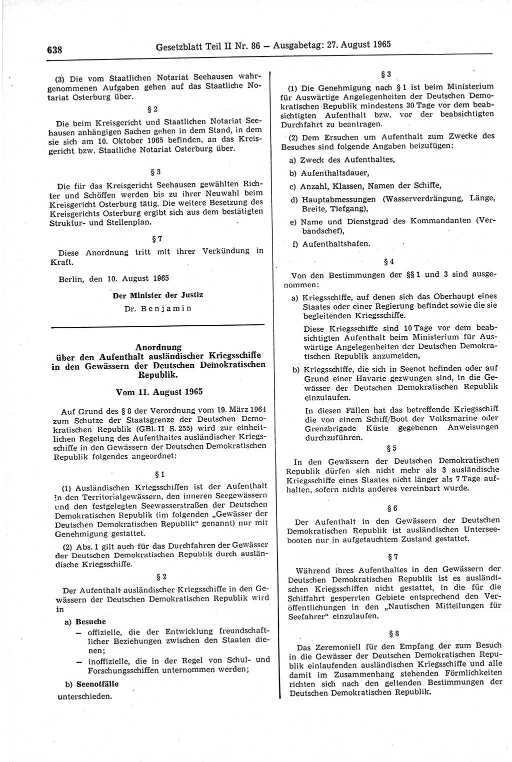 Gesetzblatt (GBl.) der Deutschen Demokratischen Republik (DDR) Teil ⅠⅠ 1965, Seite 638 (GBl. DDR ⅠⅠ 1965, S. 638)
