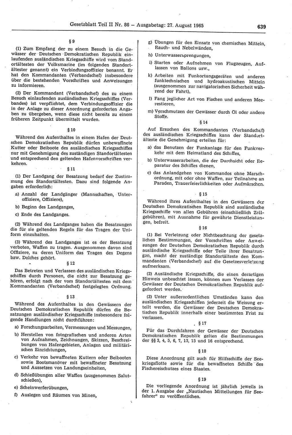 Gesetzblatt (GBl.) der Deutschen Demokratischen Republik (DDR) Teil ⅠⅠ 1965, Seite 639 (GBl. DDR ⅠⅠ 1965, S. 639)