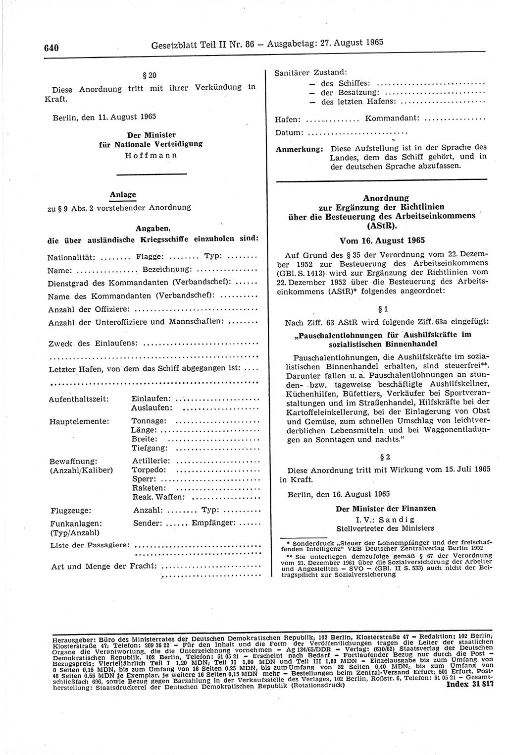 Gesetzblatt (GBl.) der Deutschen Demokratischen Republik (DDR) Teil ⅠⅠ 1965, Seite 640 (GBl. DDR ⅠⅠ 1965, S. 640)