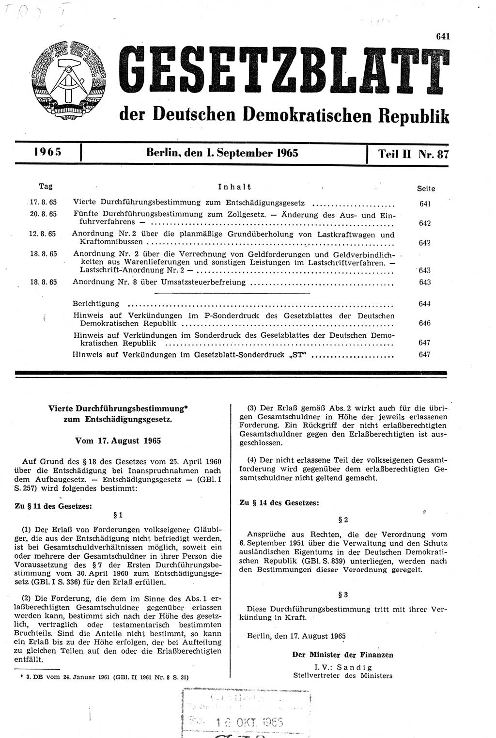 Gesetzblatt (GBl.) der Deutschen Demokratischen Republik (DDR) Teil ⅠⅠ 1965, Seite 641 (GBl. DDR ⅠⅠ 1965, S. 641)