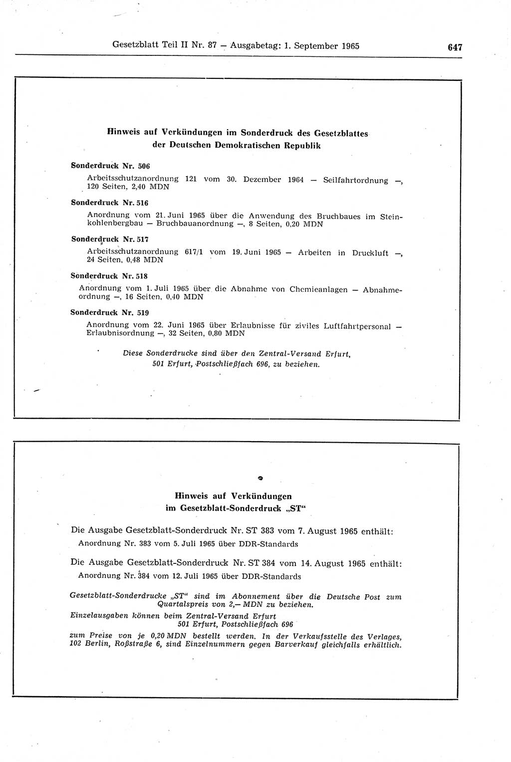 Gesetzblatt (GBl.) der Deutschen Demokratischen Republik (DDR) Teil ⅠⅠ 1965, Seite 647 (GBl. DDR ⅠⅠ 1965, S. 647)