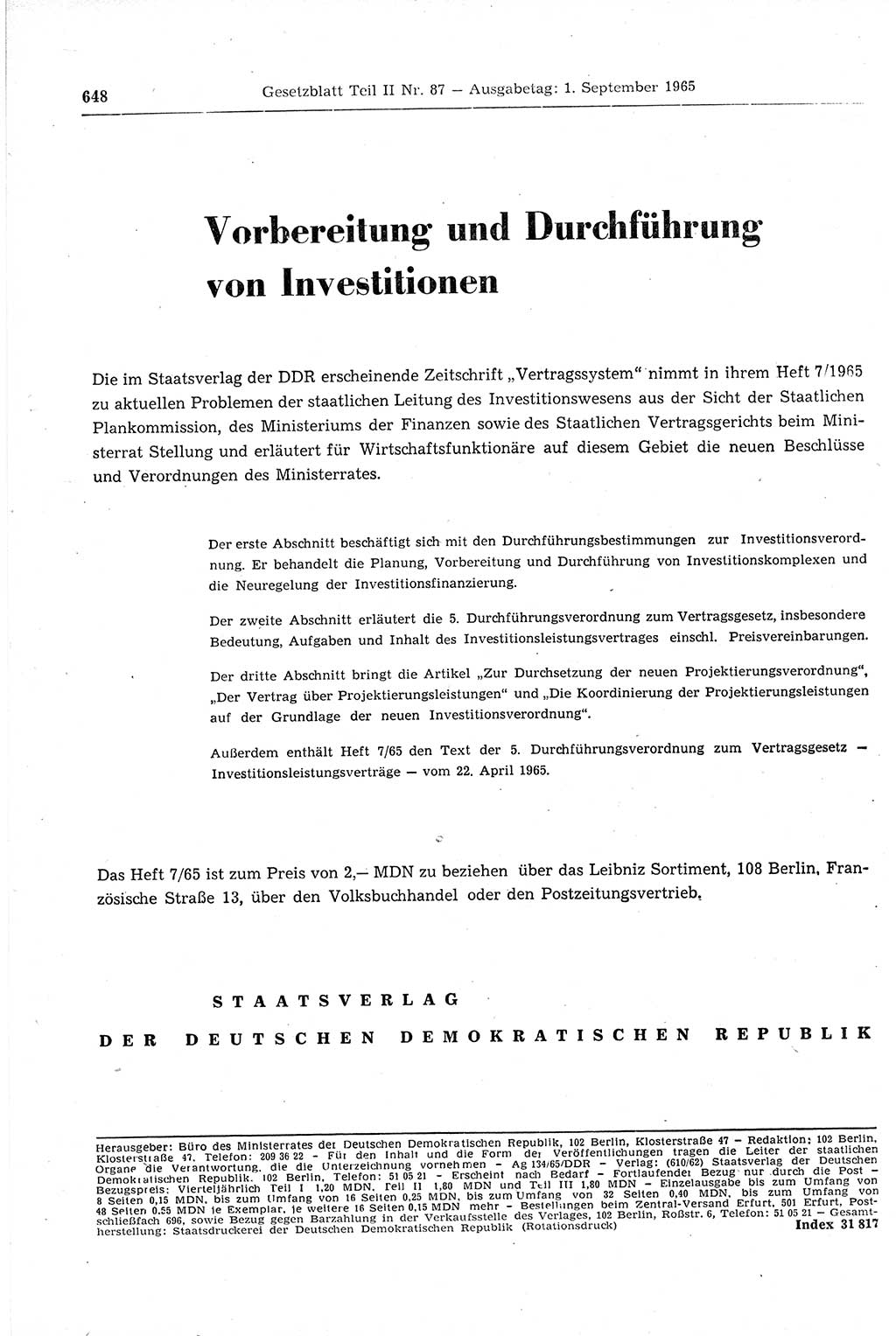 Gesetzblatt (GBl.) der Deutschen Demokratischen Republik (DDR) Teil ⅠⅠ 1965, Seite 648 (GBl. DDR ⅠⅠ 1965, S. 648)