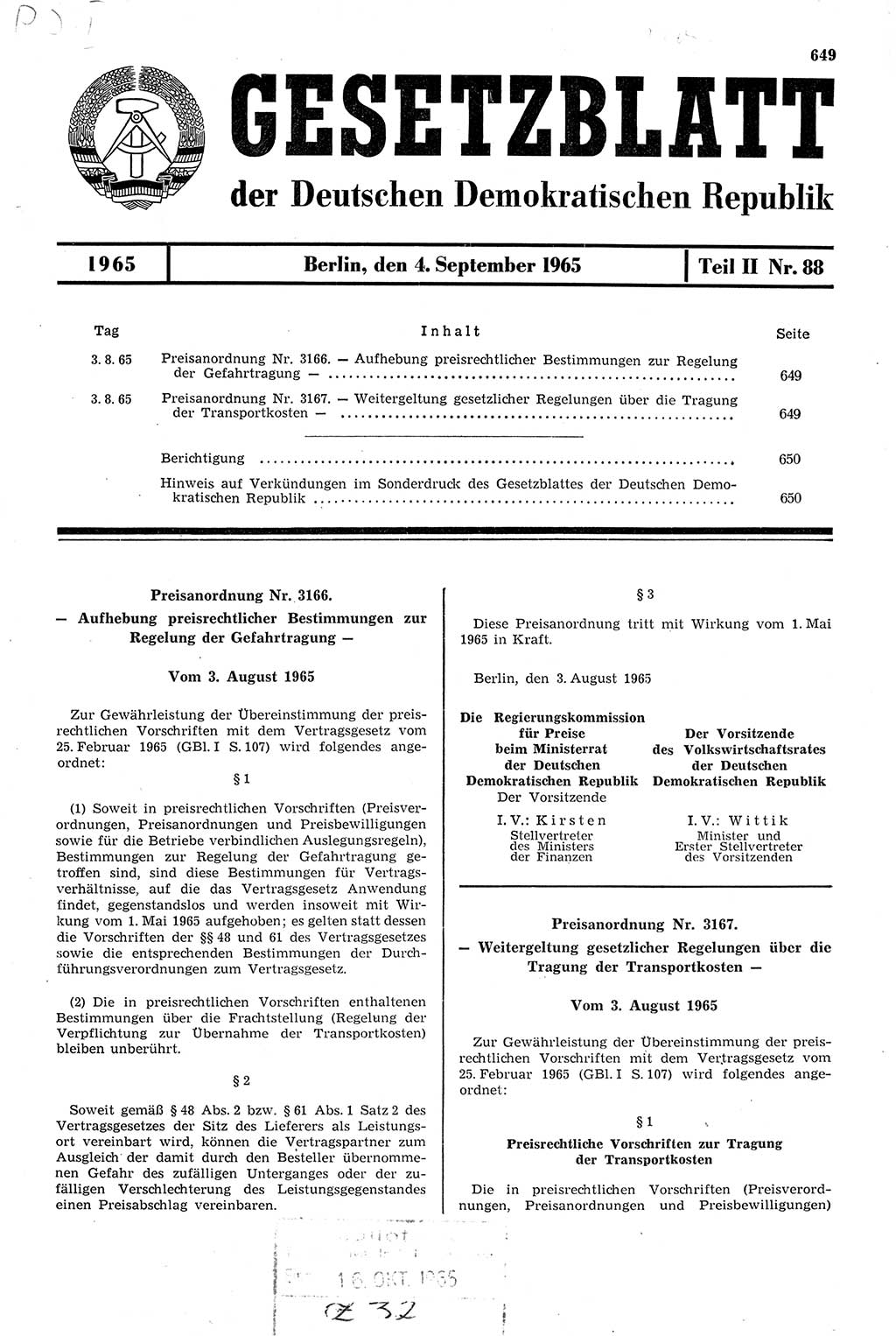 Gesetzblatt (GBl.) der Deutschen Demokratischen Republik (DDR) Teil ⅠⅠ 1965, Seite 649 (GBl. DDR ⅠⅠ 1965, S. 649)