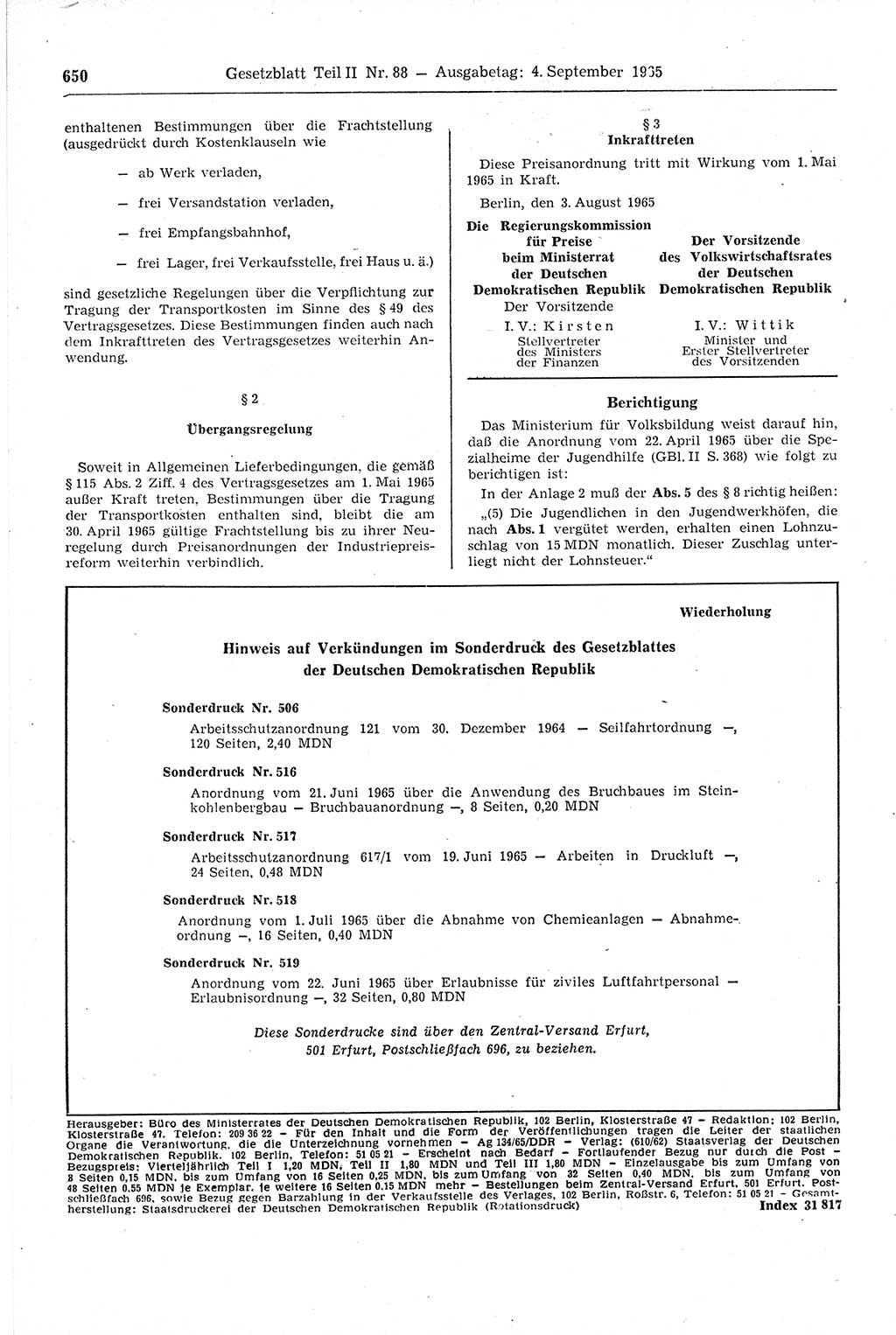 Gesetzblatt (GBl.) der Deutschen Demokratischen Republik (DDR) Teil ⅠⅠ 1965, Seite 650 (GBl. DDR ⅠⅠ 1965, S. 650)
