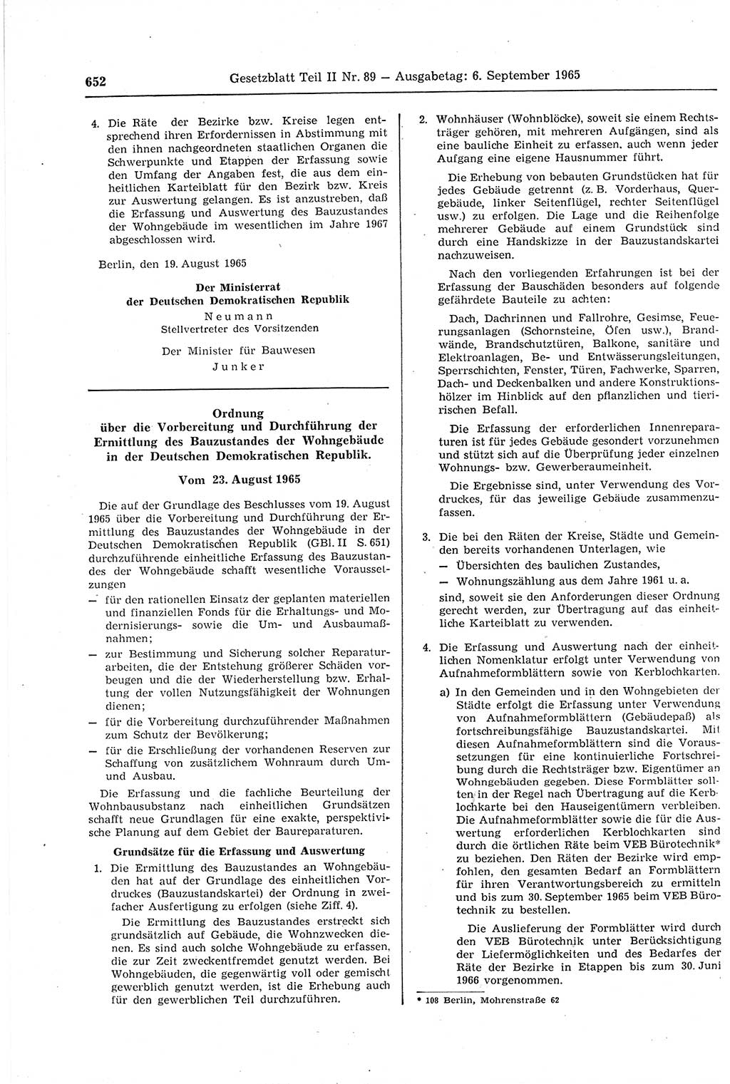 Gesetzblatt (GBl.) der Deutschen Demokratischen Republik (DDR) Teil ⅠⅠ 1965, Seite 652 (GBl. DDR ⅠⅠ 1965, S. 652)