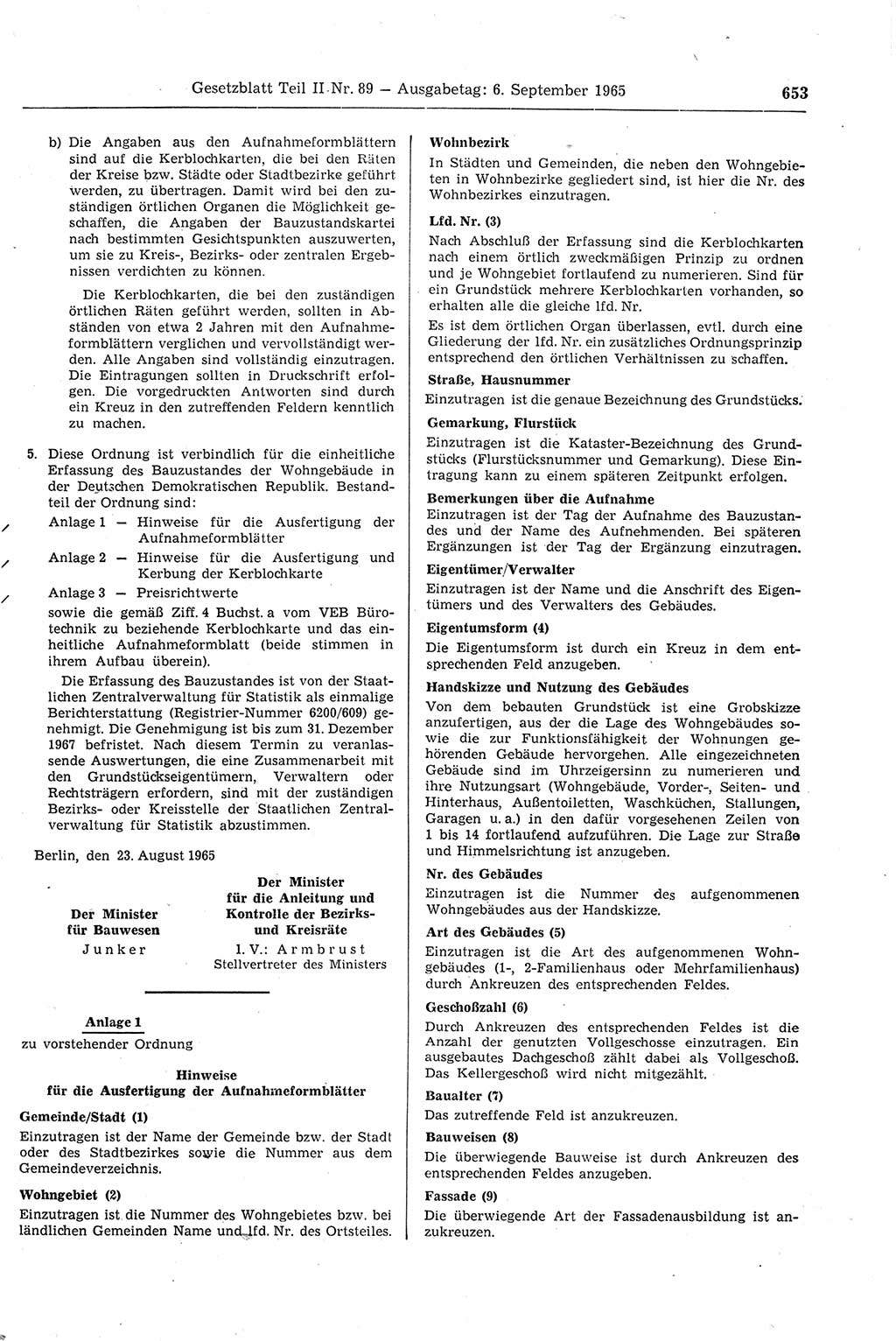 Gesetzblatt (GBl.) der Deutschen Demokratischen Republik (DDR) Teil ⅠⅠ 1965, Seite 653 (GBl. DDR ⅠⅠ 1965, S. 653)