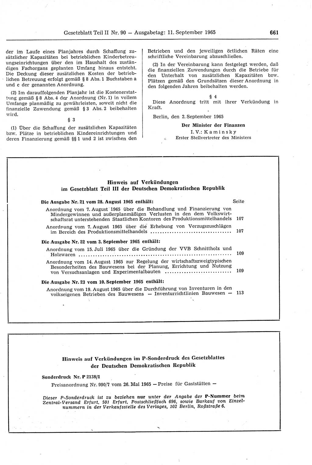Gesetzblatt (GBl.) der Deutschen Demokratischen Republik (DDR) Teil ⅠⅠ 1965, Seite 661 (GBl. DDR ⅠⅠ 1965, S. 661)