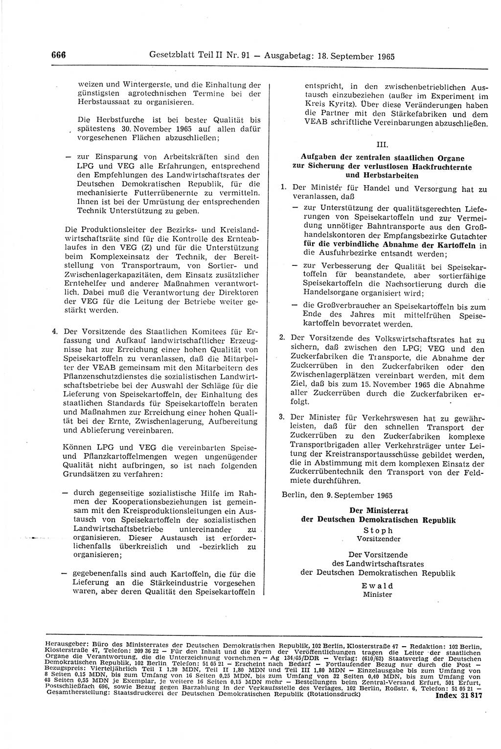 Gesetzblatt (GBl.) der Deutschen Demokratischen Republik (DDR) Teil ⅠⅠ 1965, Seite 666 (GBl. DDR ⅠⅠ 1965, S. 666)