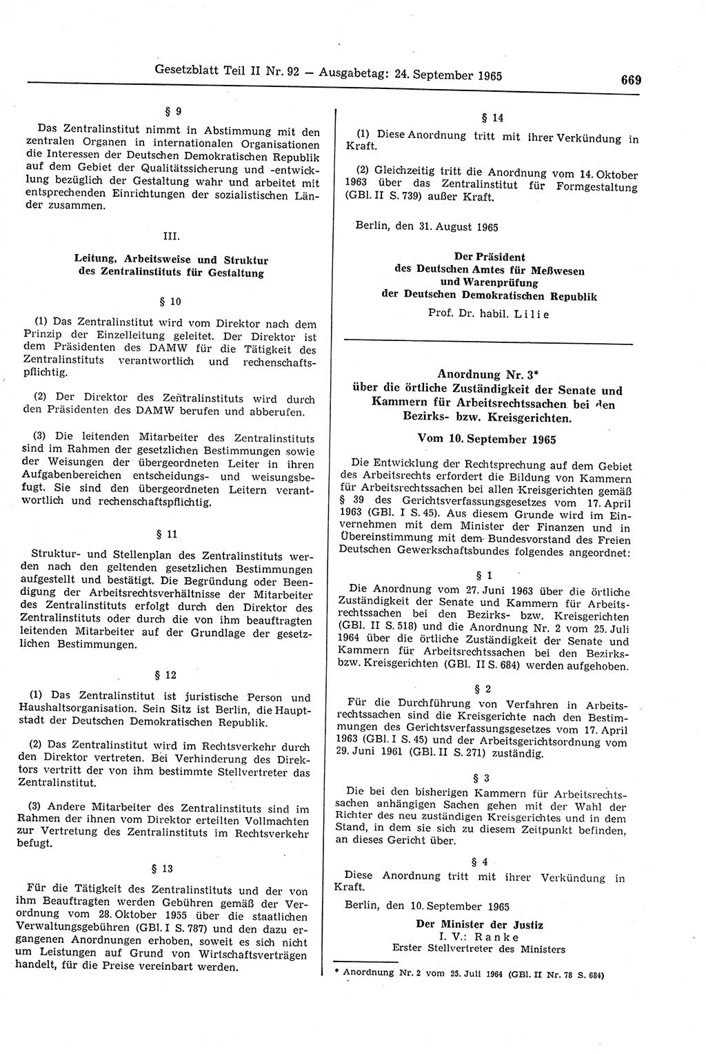 Gesetzblatt (GBl.) der Deutschen Demokratischen Republik (DDR) Teil ⅠⅠ 1965, Seite 669 (GBl. DDR ⅠⅠ 1965, S. 669)