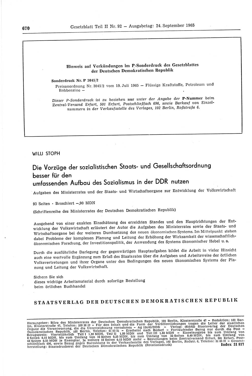 Gesetzblatt (GBl.) der Deutschen Demokratischen Republik (DDR) Teil ⅠⅠ 1965, Seite 670 (GBl. DDR ⅠⅠ 1965, S. 670)