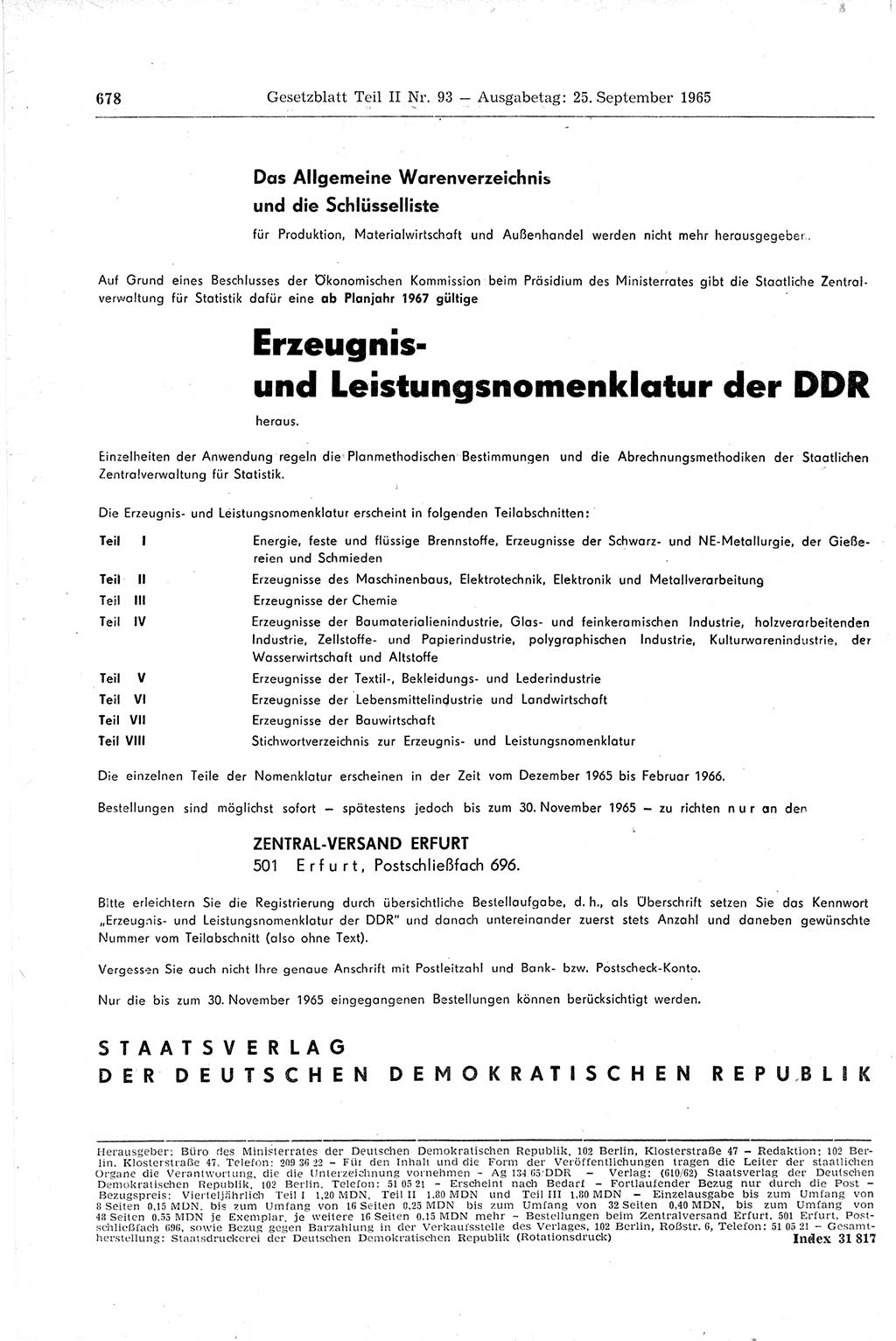 Gesetzblatt (GBl.) der Deutschen Demokratischen Republik (DDR) Teil ⅠⅠ 1965, Seite 678 (GBl. DDR ⅠⅠ 1965, S. 678)