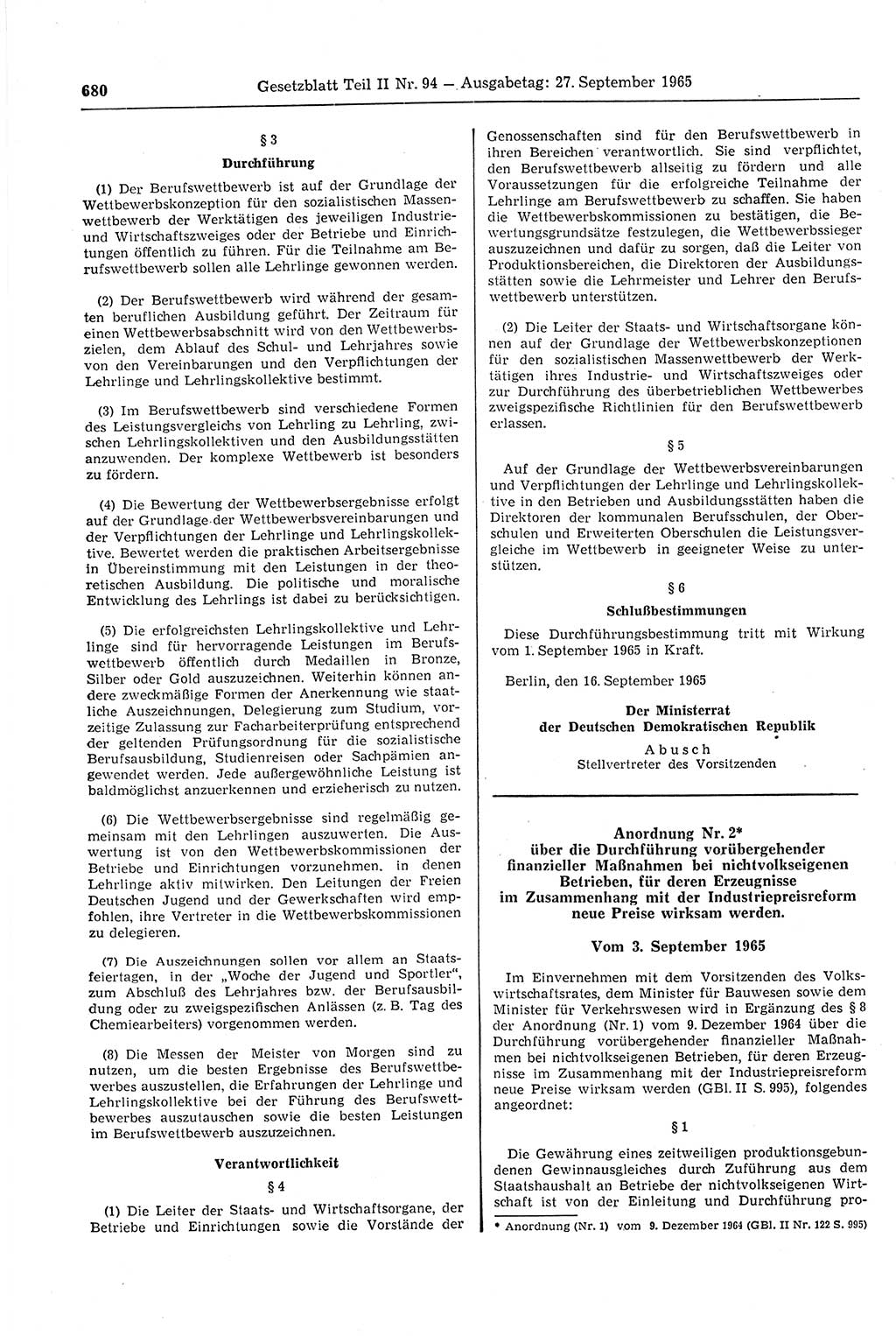 Gesetzblatt (GBl.) der Deutschen Demokratischen Republik (DDR) Teil ⅠⅠ 1965, Seite 680 (GBl. DDR ⅠⅠ 1965, S. 680)