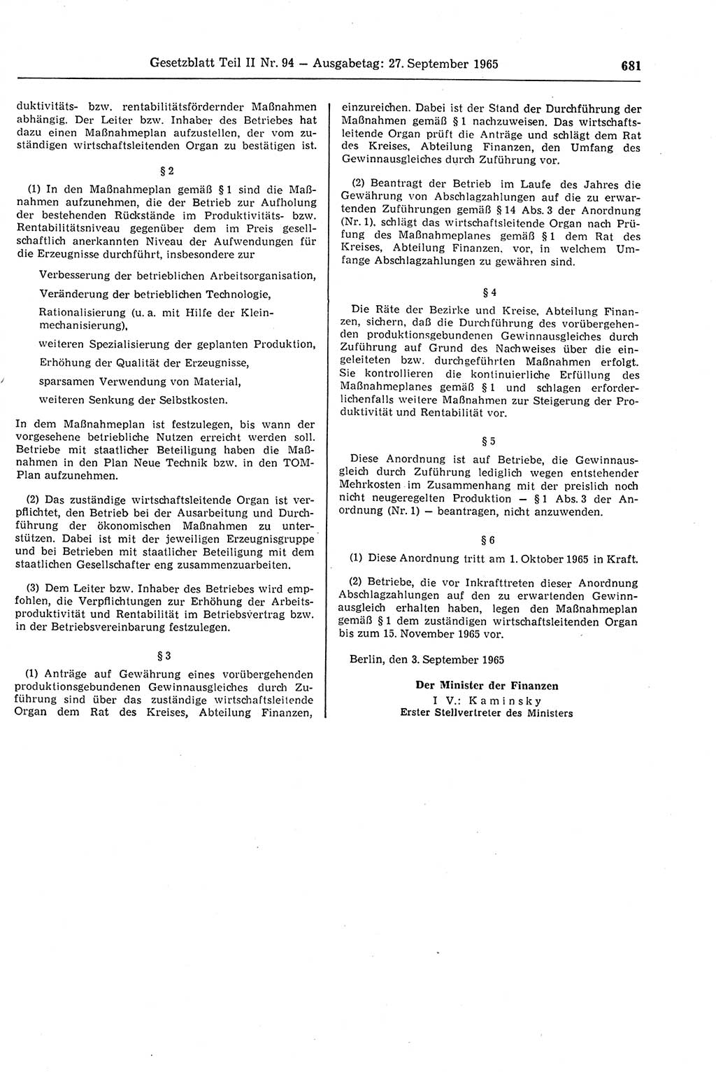Gesetzblatt (GBl.) der Deutschen Demokratischen Republik (DDR) Teil ⅠⅠ 1965, Seite 681 (GBl. DDR ⅠⅠ 1965, S. 681)