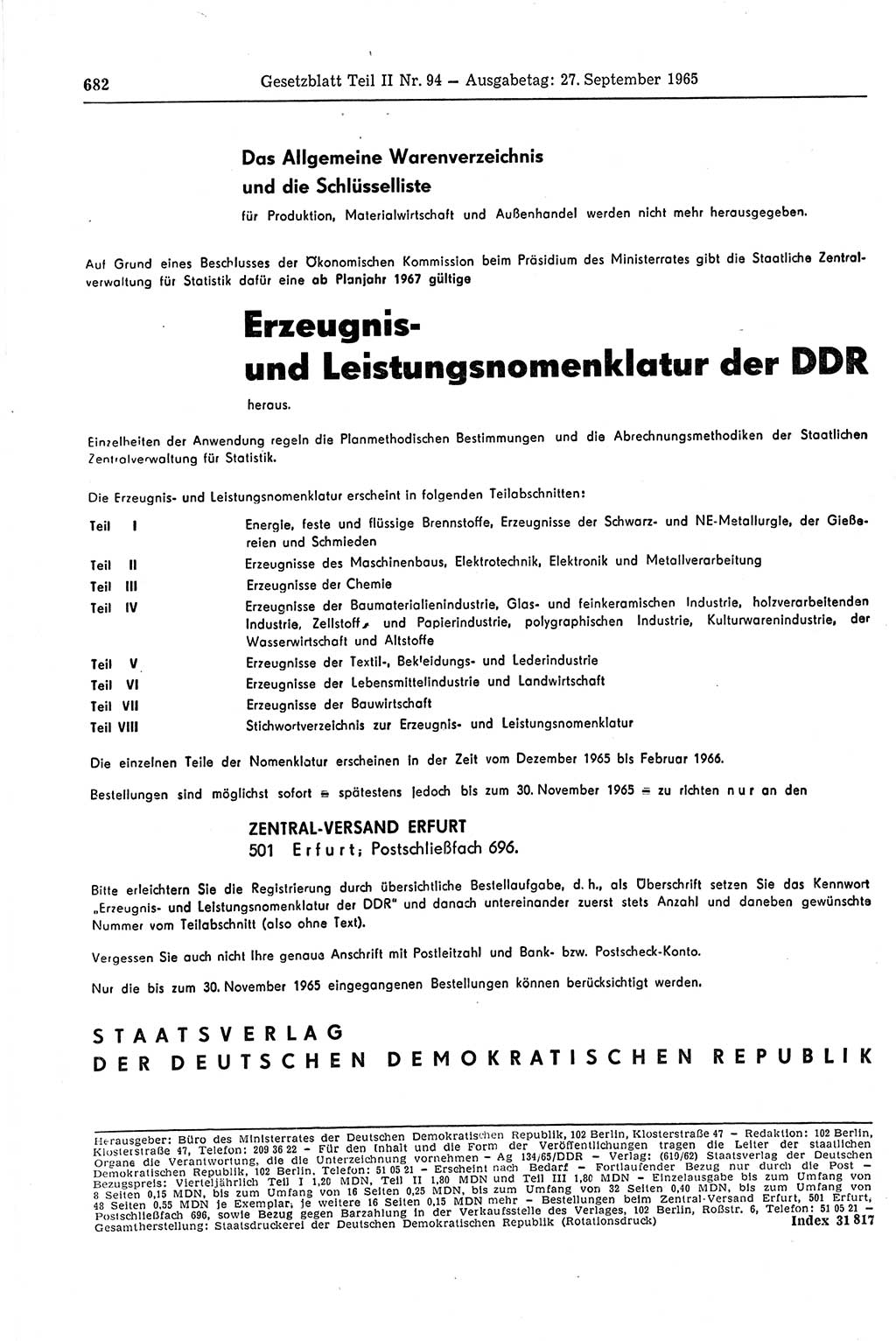 Gesetzblatt (GBl.) der Deutschen Demokratischen Republik (DDR) Teil ⅠⅠ 1965, Seite 682 (GBl. DDR ⅠⅠ 1965, S. 682)